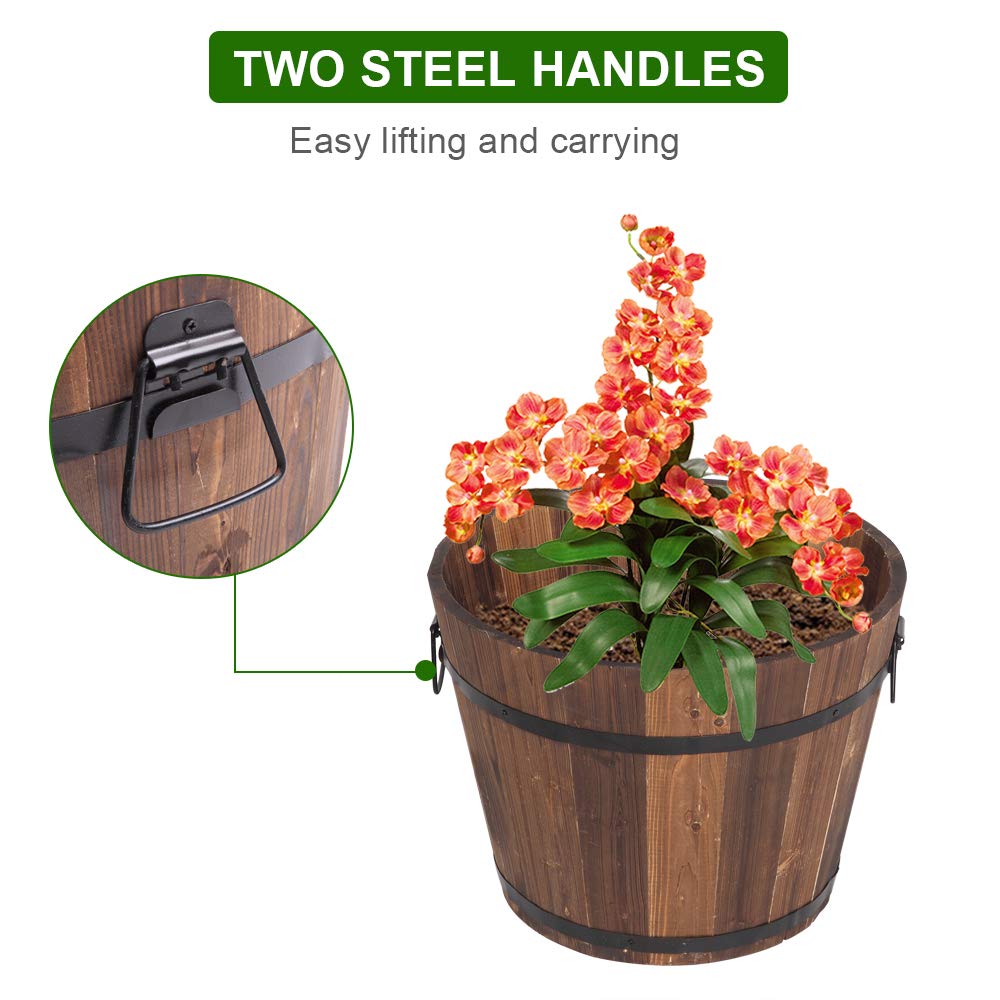 3 Pcs Wooden Planter Barrel Set with Handle & Drainage Holes - Rustic Whiskey Barrel Flower Pots for Plants, Herbs, Vegetables - Indoor & Outdoor Garden Decor for Patio, Balcony, Backyard