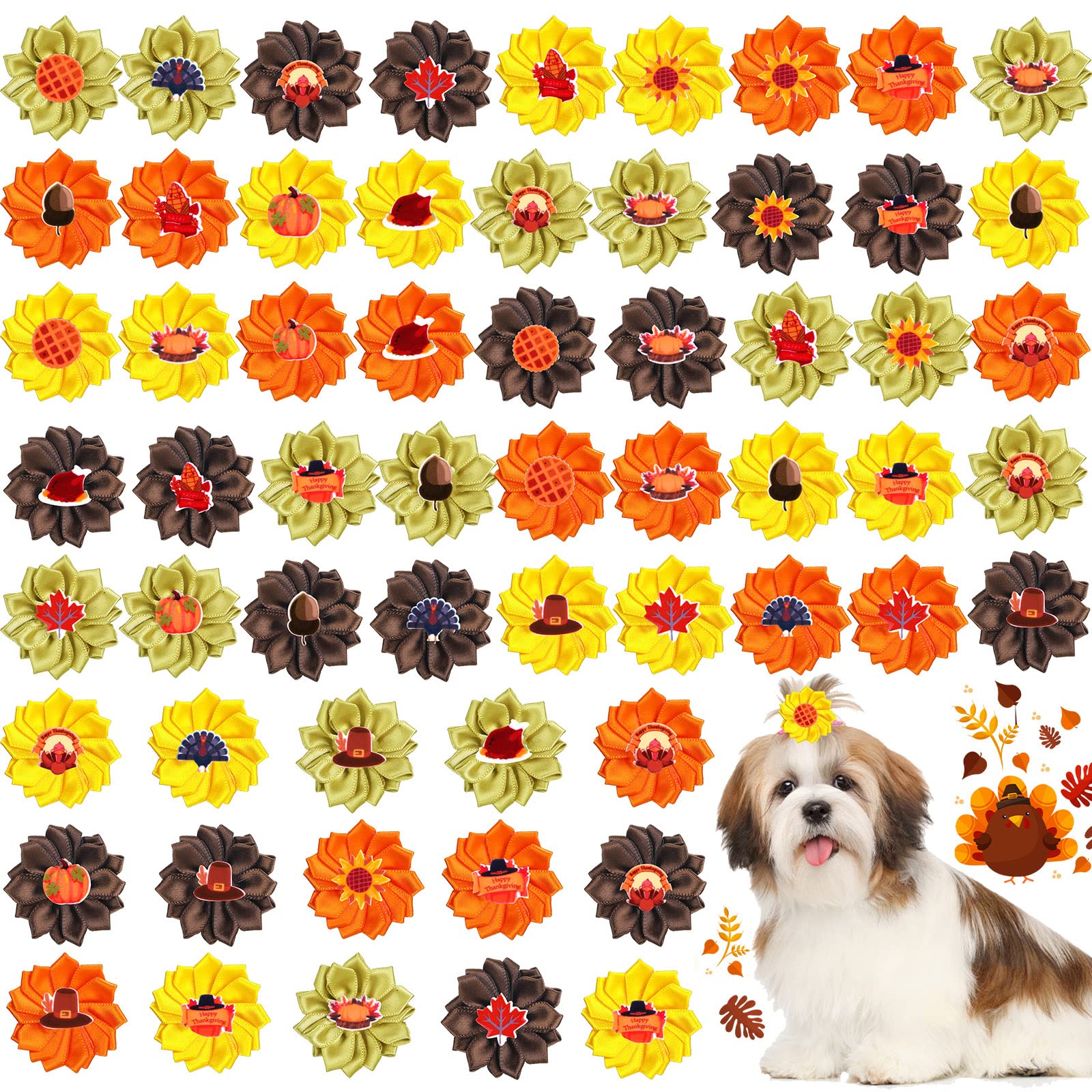 60 Pack Fall Dog Hair Bows with Rubber Bands - Thanksgiving Flower Bows for Small to Large Dogs & Cats - Pet Grooming Accessories for Puppies & Pets - Perfect for Autumn Photos & Holiday Celebrations