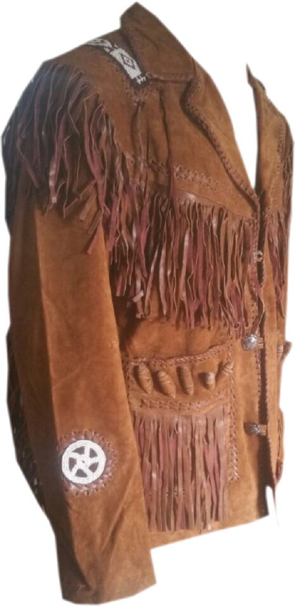 LEATHERAY Men's Western Cowboy Jacket - Fringe & Beaded Suede Leather Coat in Brown | Perfect for Rodeo, Country Music Festivals & Western Style Outfits