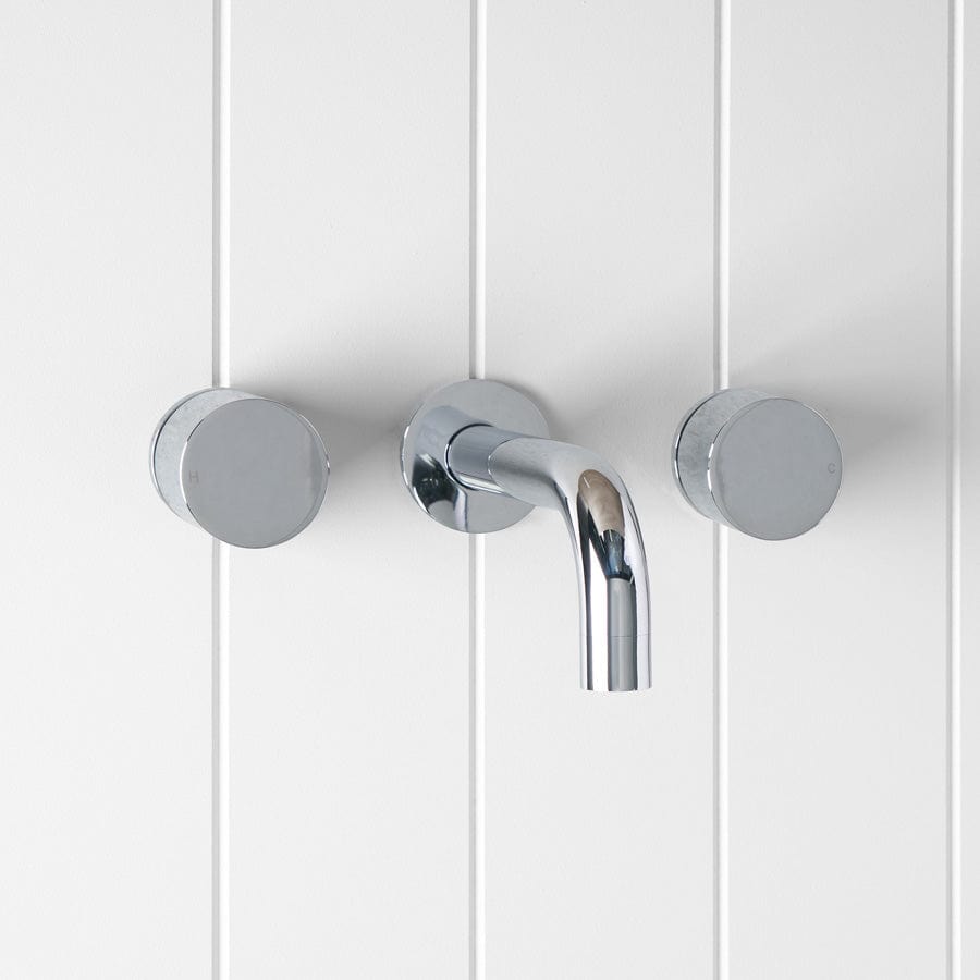 Chrome Wall Spout with Round Wall Taps - Modern Bathroom Faucet for Sink, Vanity, and Powder Room Installation