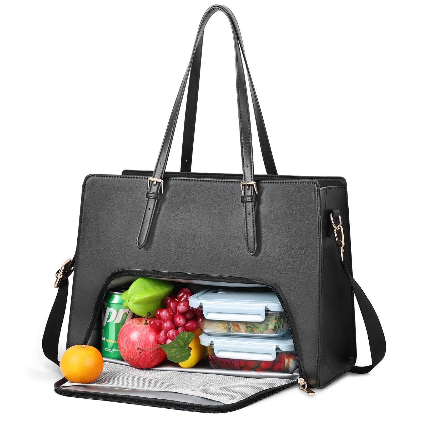BERTASCHE 15.6 Inch Laptop Tote Bag for Women - PU Leather Waterproof Work Bag with Insulated Lunch Compartment - Business Briefcase & Office Shoulder Handbag - Perfect for Commuting, Business Travel & Work Essentials (Black)