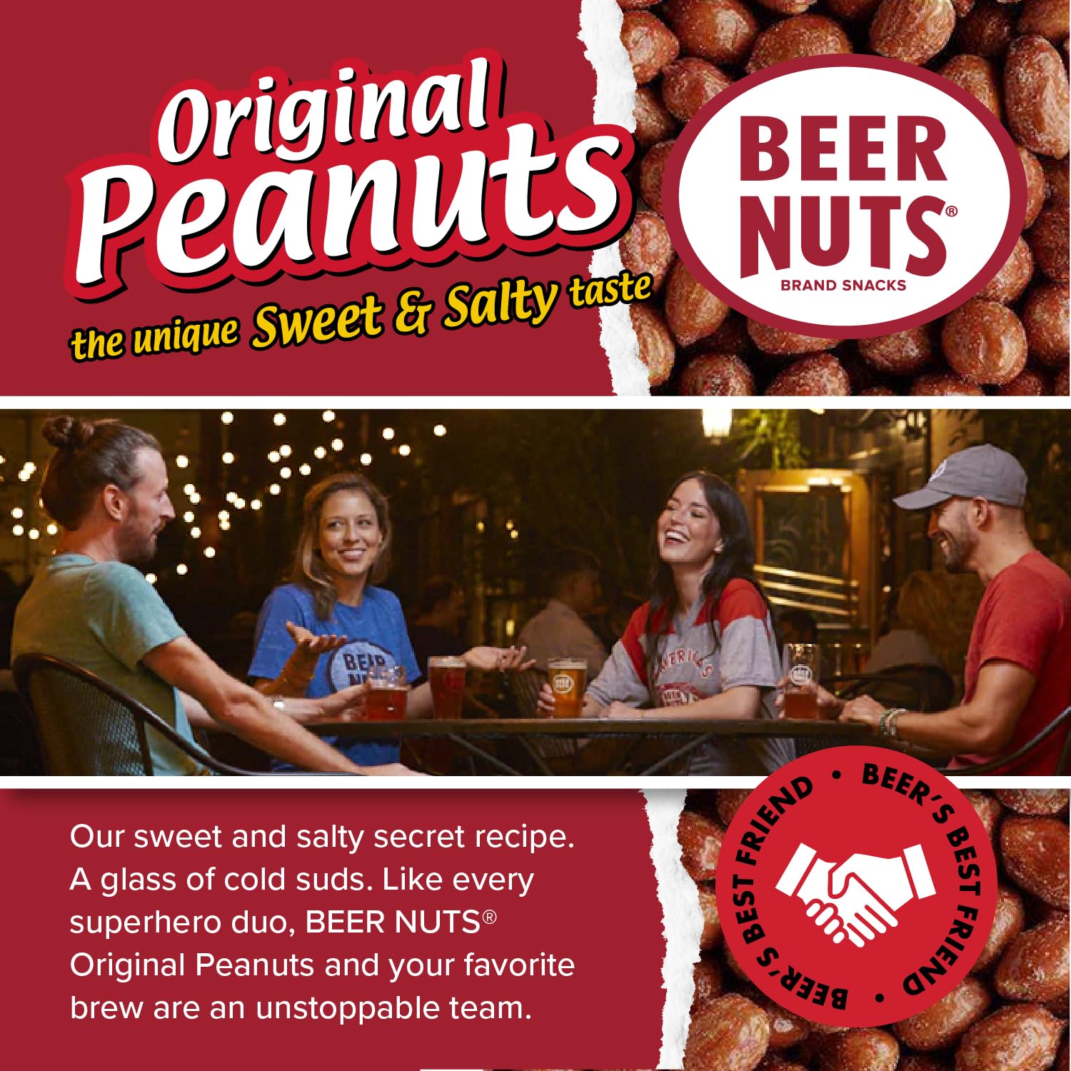 BEER NUTS Original Peanuts - Sweet & Salty Bar Snacks - Gluten Free, Kosher, Low Sodium Peanuts Made in USA - 12oz Resealable Can (Pack of 1) - Perfect for Travel, Parties, and Office Snacking