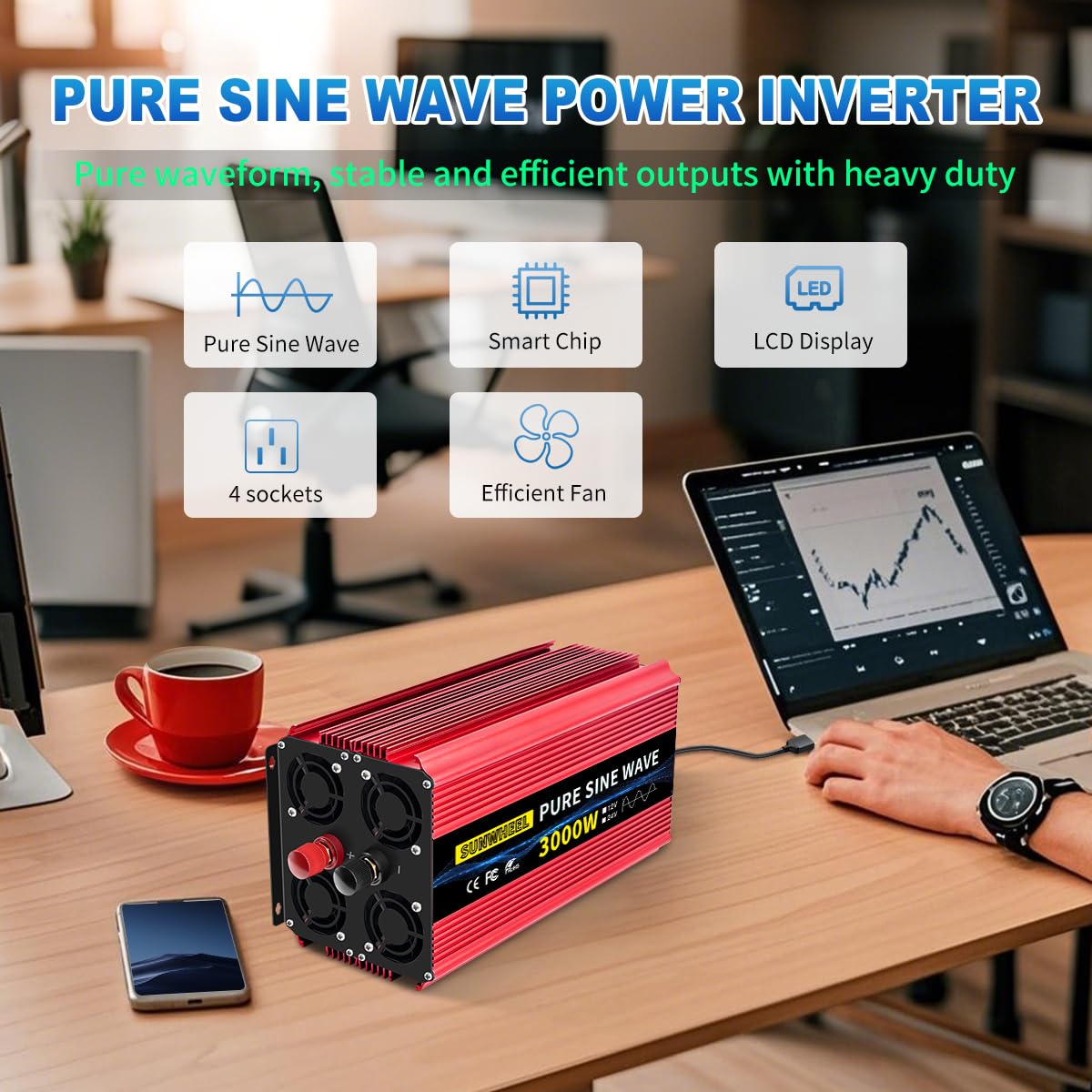 SUNWHEEL 3000W Pure Sine Wave Power Inverter - 24V DC to 110V/120V AC Solar Converter with LCD Display & 4 Outlets for RV, Truck, Home, Camping (Powering Microwave, Refrigerator, AC, TV & More)