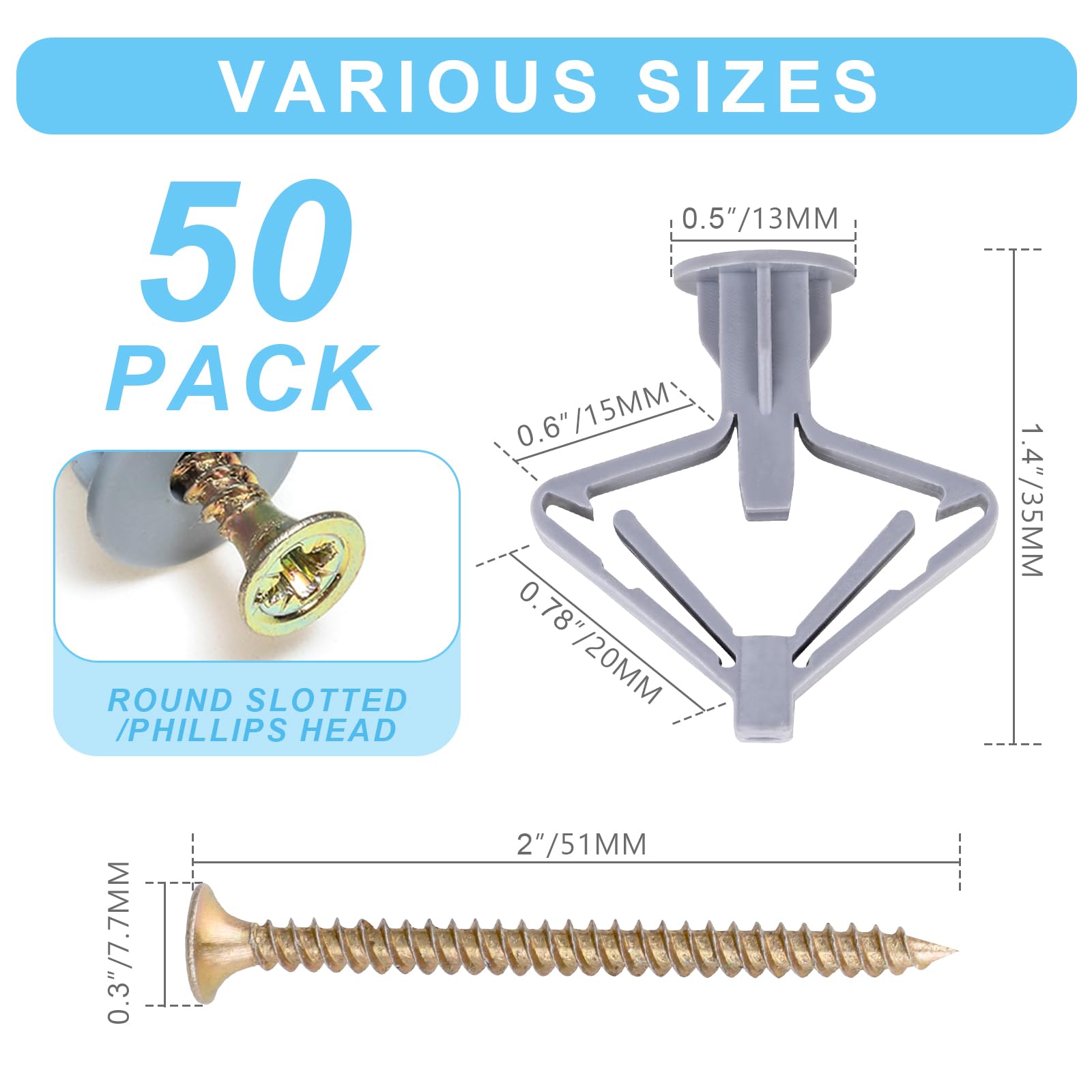 **Heavy Duty Hollow-Wall Anchors Kit - 50pcs Self-Drilling Drywall Anchors & 50pcs Screws (65Lbs Capacity, Grey) - Perfect for Hanging Shelves, Mirrors, and Wall Decor**
