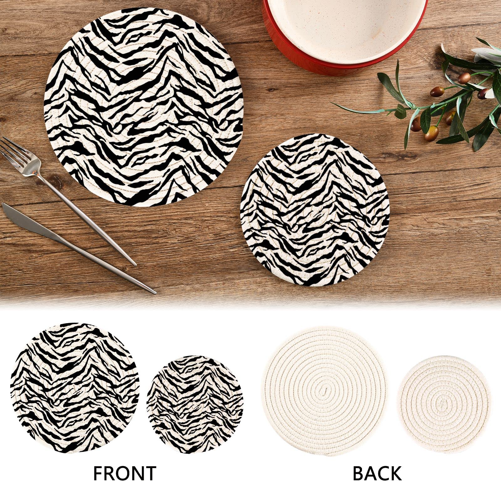 Heat Resistant Zebra Grain Summer Pot Holders & Trivets - 2 Pcs Cotton Weave Hot Pads for Pans, Bowls & Teapots | Animal Print Kitchen Decor for Dining & Entertaining
