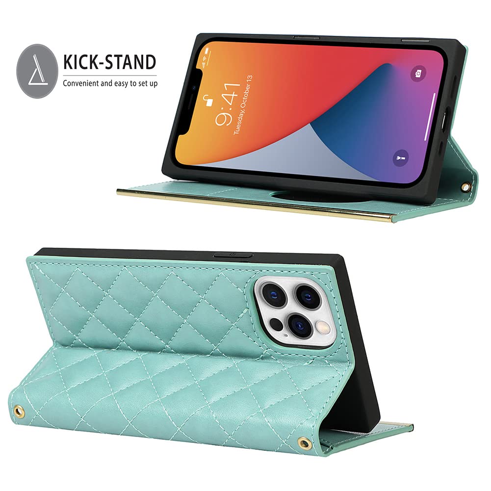 Luxury Leather Wallet Case for iPhone 13 Pro - Fashion Flip Purse with Card Slots, Mirror & Crossbody Chain Strap | Shockproof Protective Cover (Blue) | Perfect for Travel, Shopping & Everyday Use