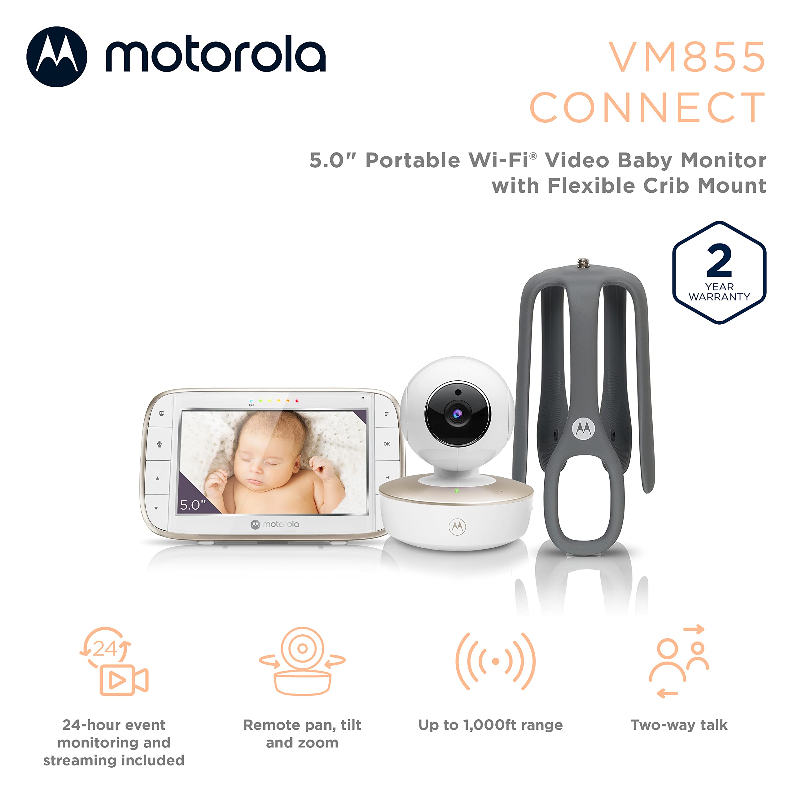 Motorola VM855 Baby Monitor with HD 720p Camera - Smartphone App, 1000ft Range, 2-Way Audio, Pan-Tilt-Zoom, Temperature Sensor & Lullabies | Wireless Nursery Camera for Crib Monitoring, Night Vision & Remote Parenting (Perfect for Newborn Care, Toddler Safety & Peace of Mind)