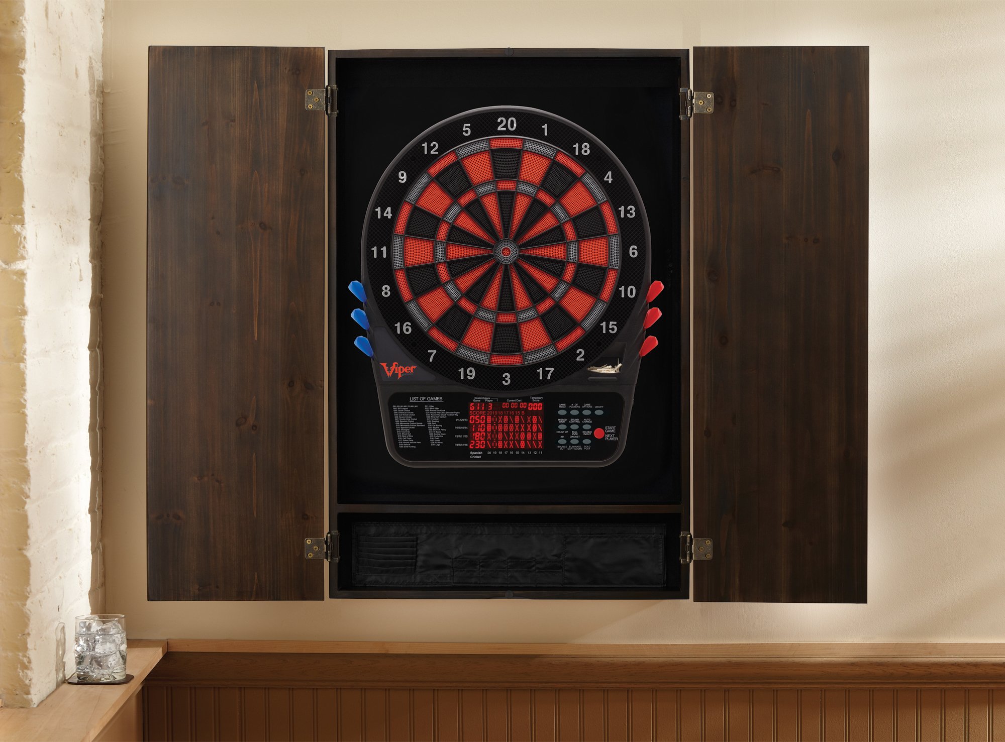 Premium Viper Metropolitan Solid Wood Dartboard Cabinet with Electronic Dartboard - Ready-to-Play Bundle Includes 2 Soft-Tip Dart Sets & Integrated Storage - Multiple Stain Options for Home Game Rooms, Bars & Man Caves