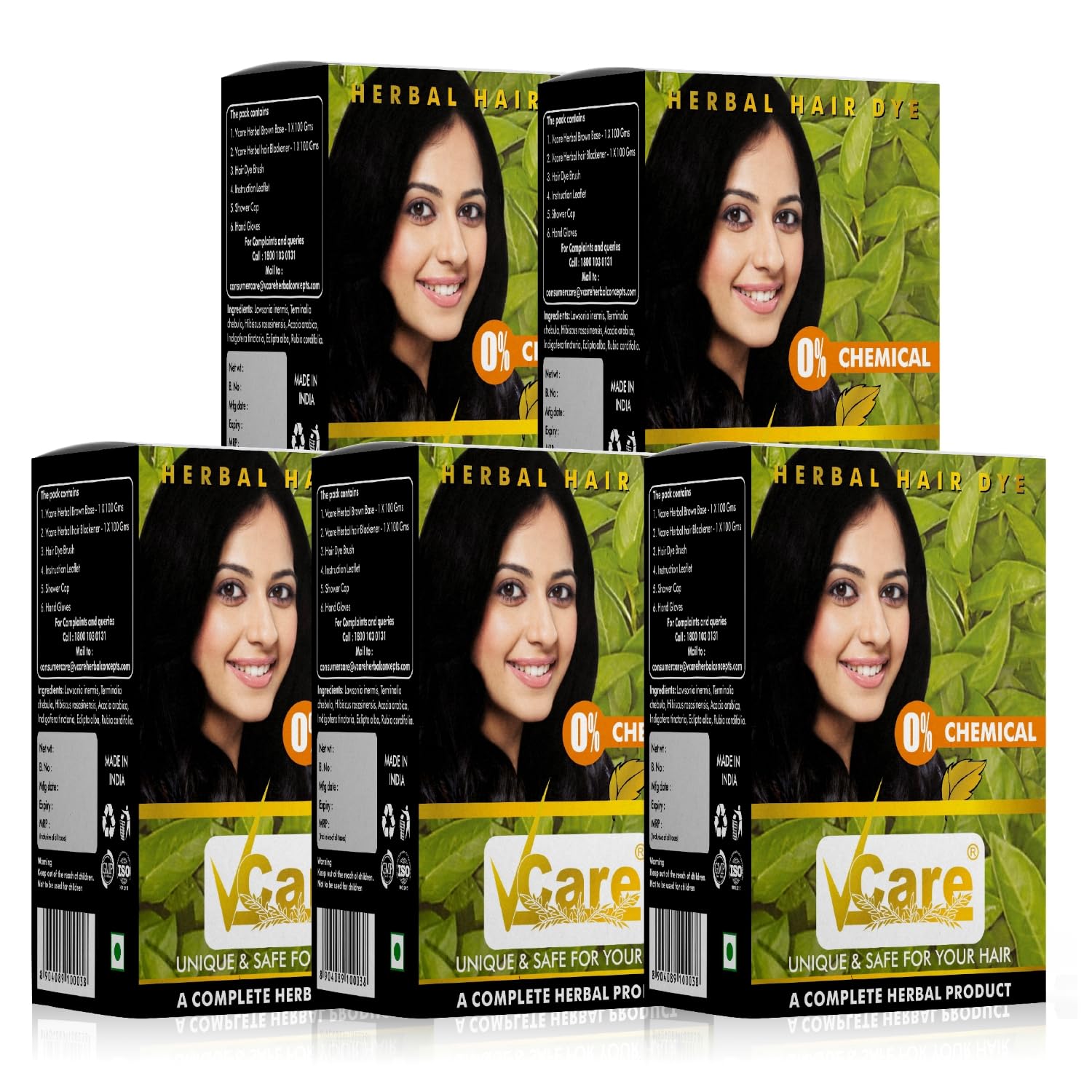 VCare 100% Organic Natural Herbal Henna Hair Dye Powder for Men & Women - Black Hair Color with Shine Boost & Hair Growth Treatment | Safe for Dry Hair | 60g (Pack of 5) | Perfect for At-Home Hair Coloring & Natural Gray Coverage