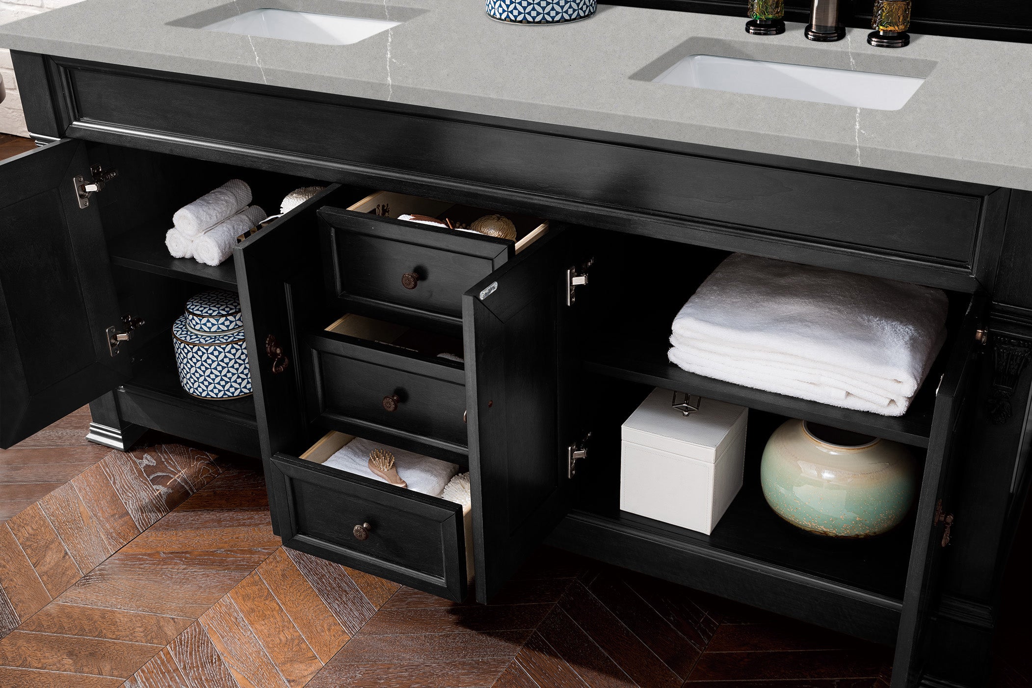 Brookfield 72 Inch Double Vanity with Antique Black Finish & 3CM Eternal Serena Quartz Top - Perfect for Modern Bathroom Renovations and Master Suite Upgrades