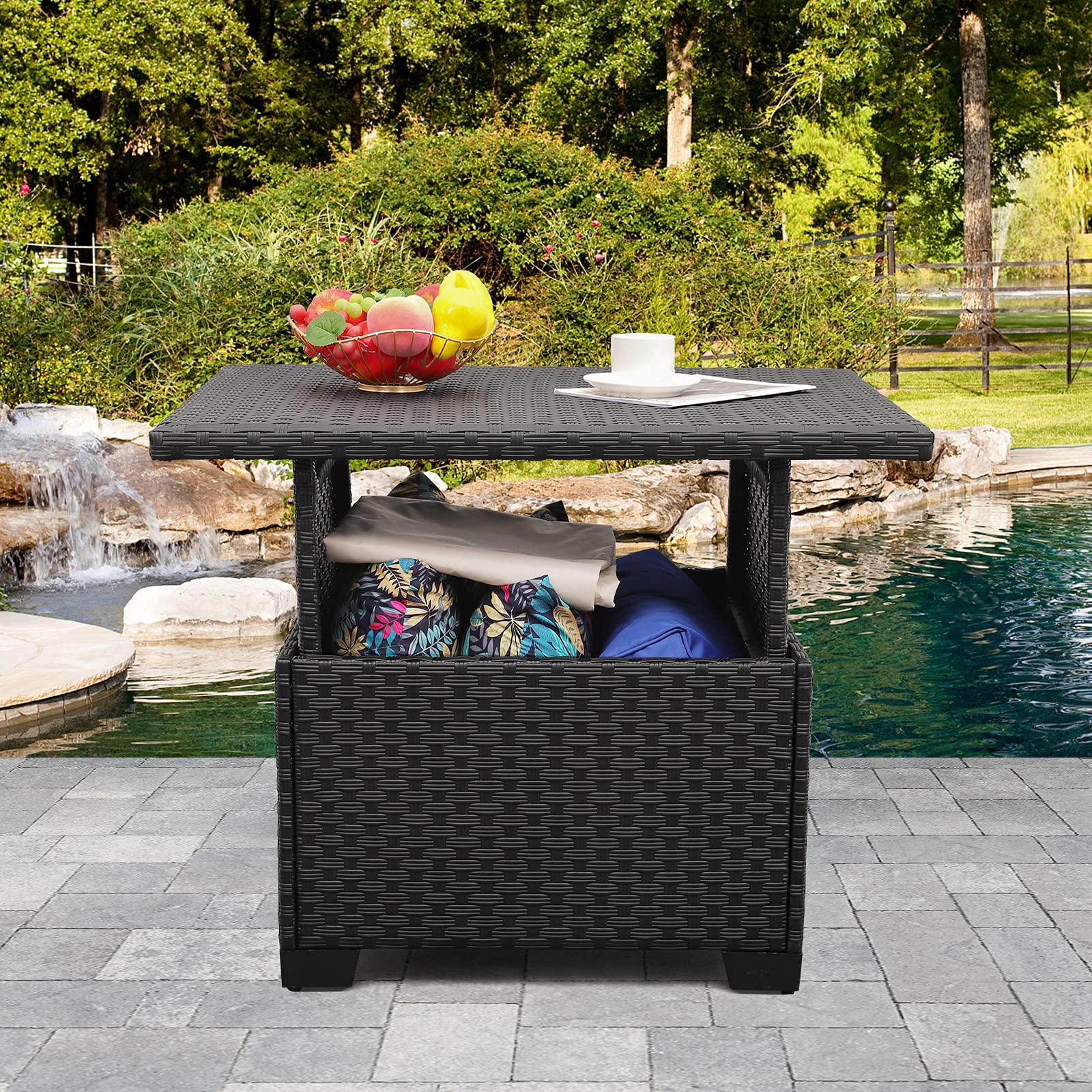 Lift Top Coffee Table with Hidden Storage - Patio Rattan Wicker Furniture in Black PE for Garden, Outdoor & Living Room Decor