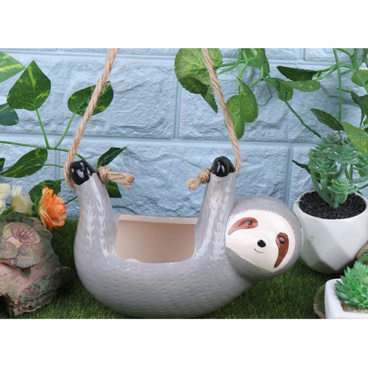 SilverFever Sloth Hanging Planter - Ceramic Succulent & Flower Pot for Indoor/Outdoor Plants - Grey Large Animal Planter for Home Decor, Garden & Patio