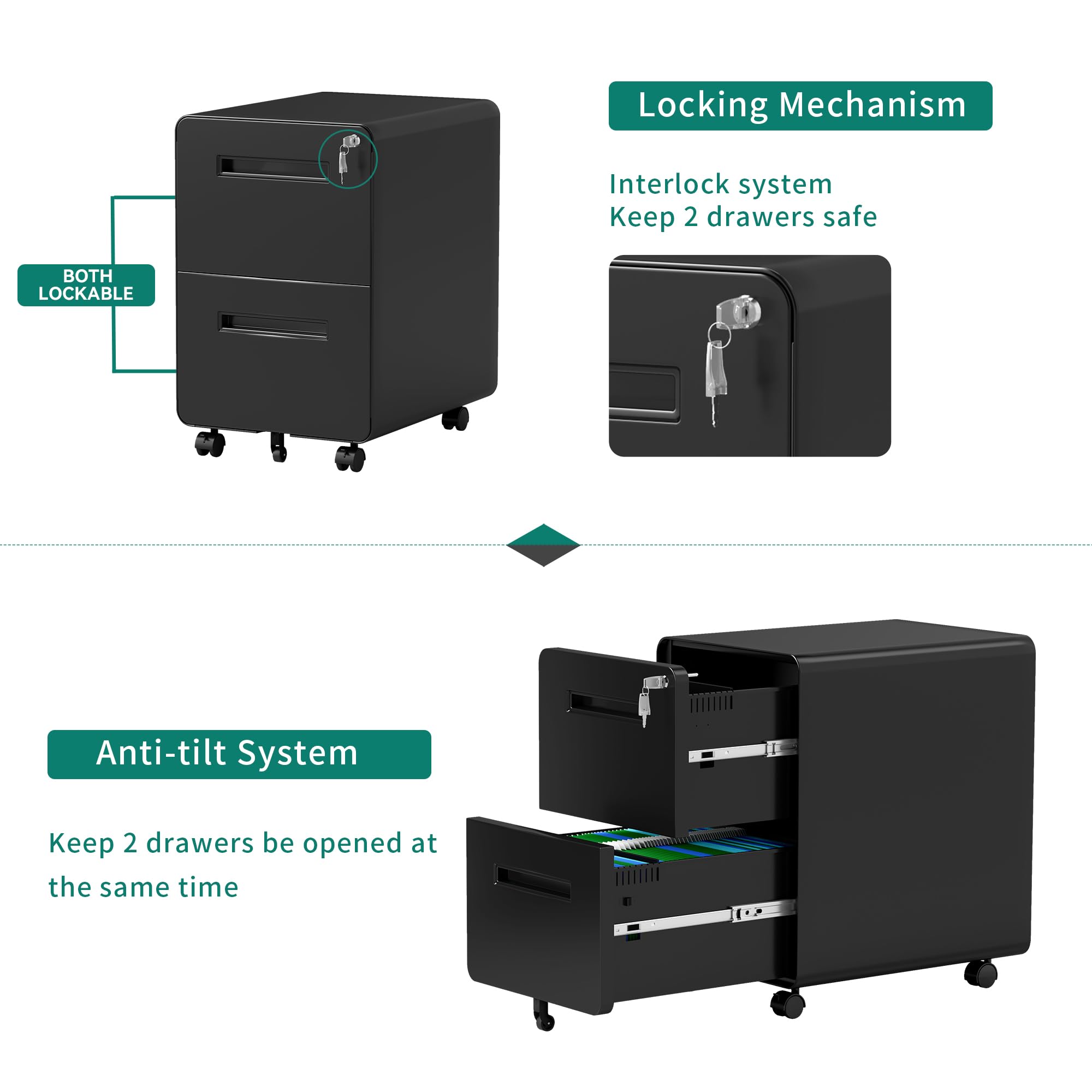 YITAHOME 2-Drawer Rolling File Cabinet - Lockable Metal Mobile Filing Cabinet for Office & Home, Under Desk Storage for Legal/Letter Files, Black - Perfect for Commercial Workspaces & Home Offices