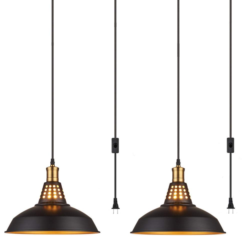 Amabao Industrial Ceiling Pendant Light - 2 Pack Black Metal Plug in Hanging Light Fixture with On/Off Switch, E26 Socket (Bulb Not Included) for Kitchen, Dining Room, Bar, Cafe and Bedroom Lighting