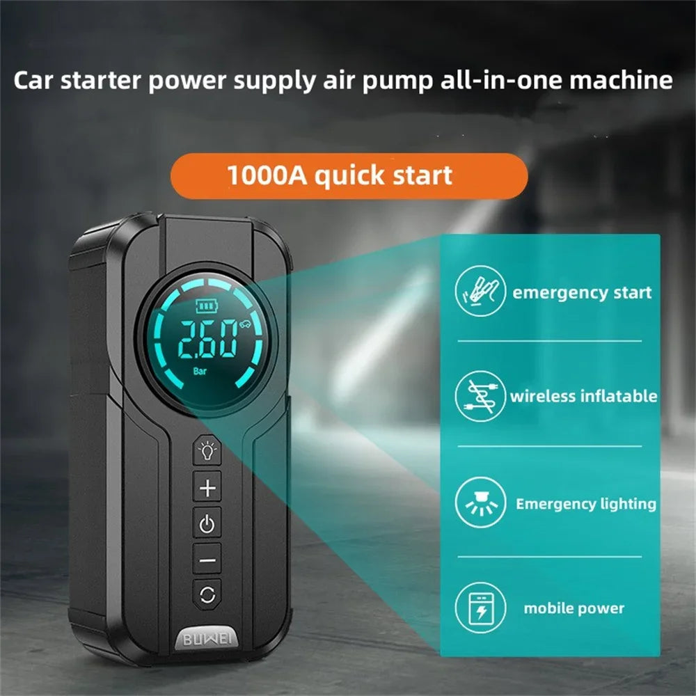 4 in 1 Portable Car Jump Starter with Air Compressor, USB Power Bank & LED Light - Emergency Vehicle Battery Booster, Tire Inflator & Phone Charger for Roadside Assistance & Outdoor Adventures