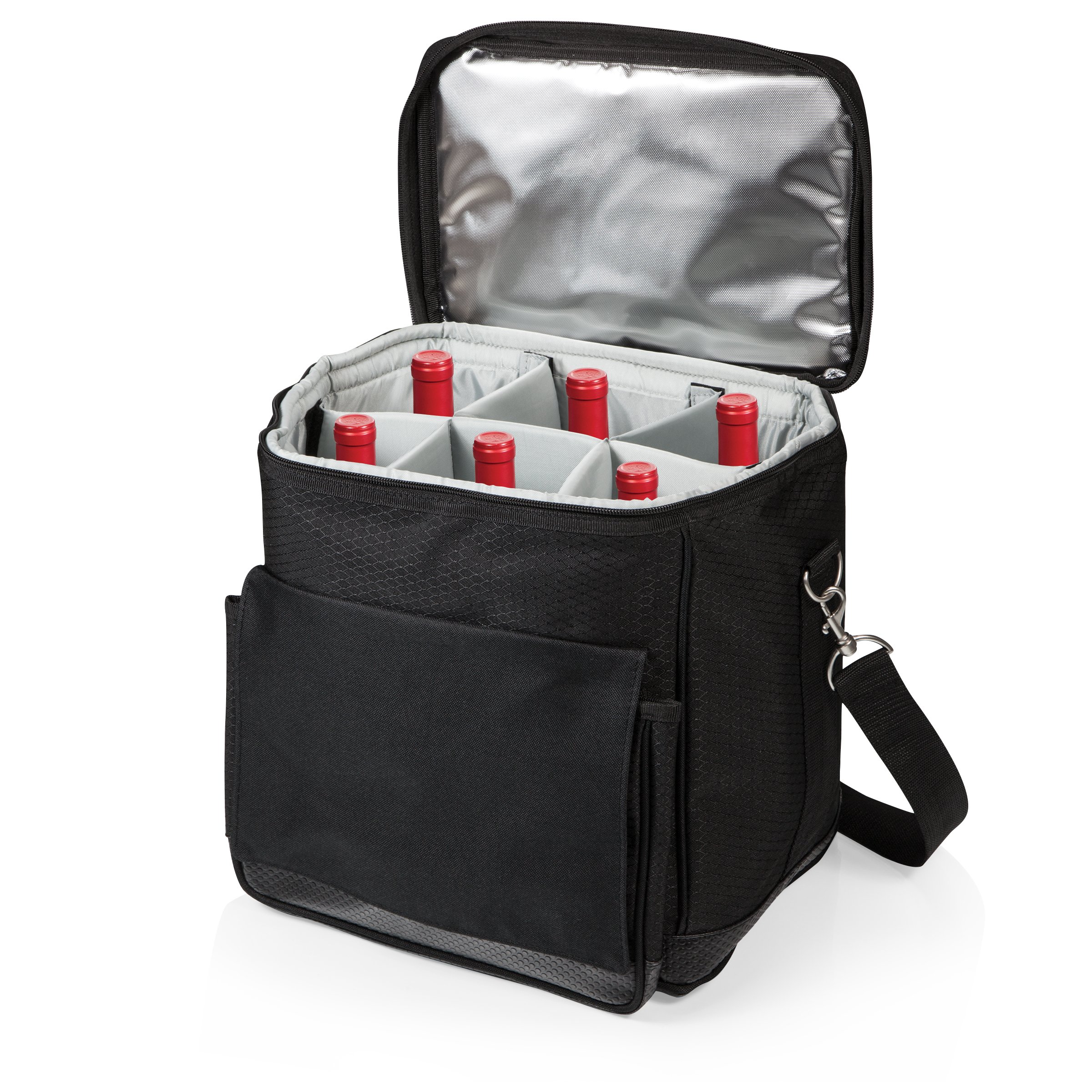 PICNIC TIME Cellar 6-Bottle Insulated Wine Carrier & Cooler Tote - Portable Water-Resistant Travel Cooler Bag for Picnics, Beach, Camping & Outdoor Events (Black with Gray Accents)