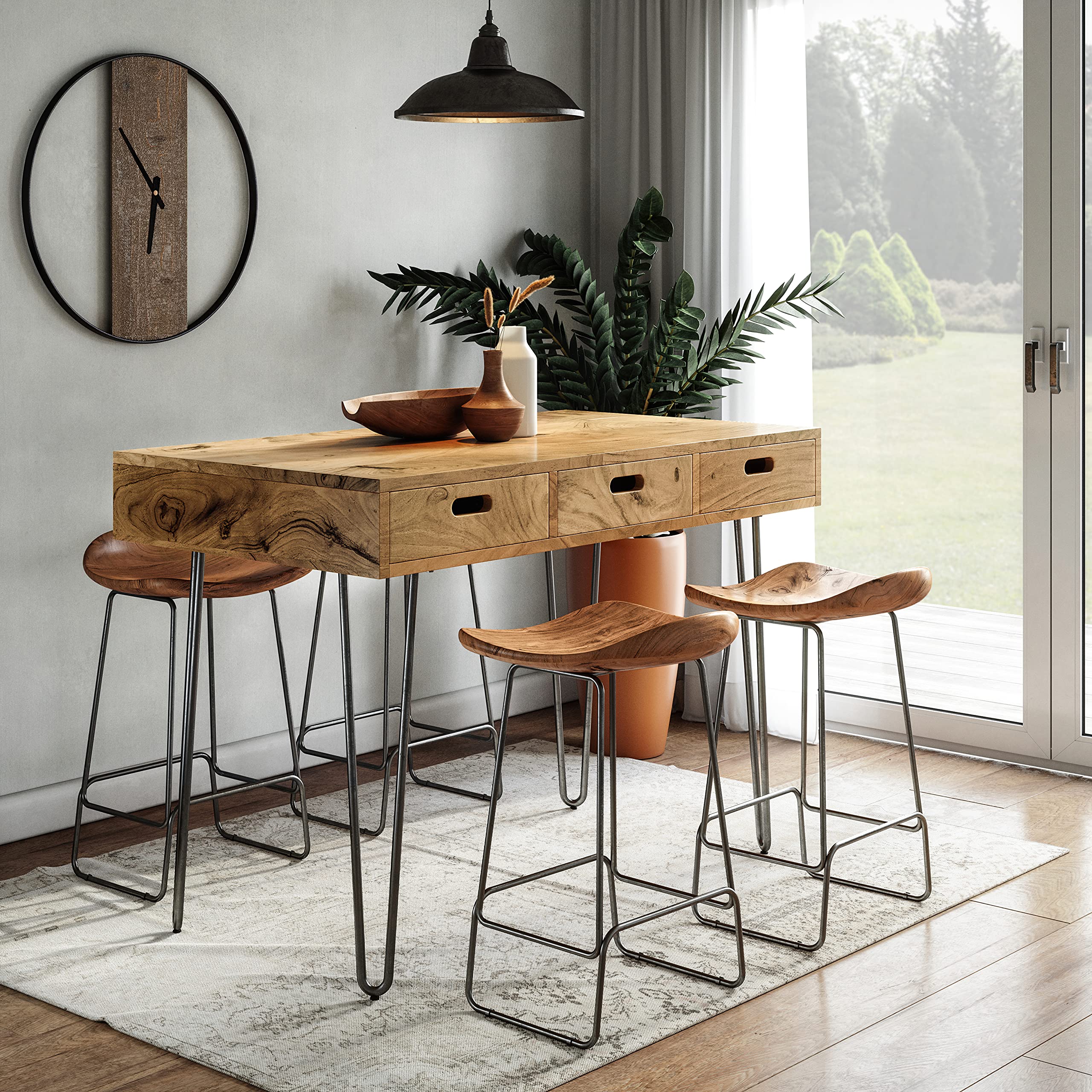 Rollins Solid Hardwood Modern Counter Dining Table with Storage - Stylish Kitchen Island & Breakfast Bar for Small Spaces, Perfect for Apartments and Open-Concept Homes