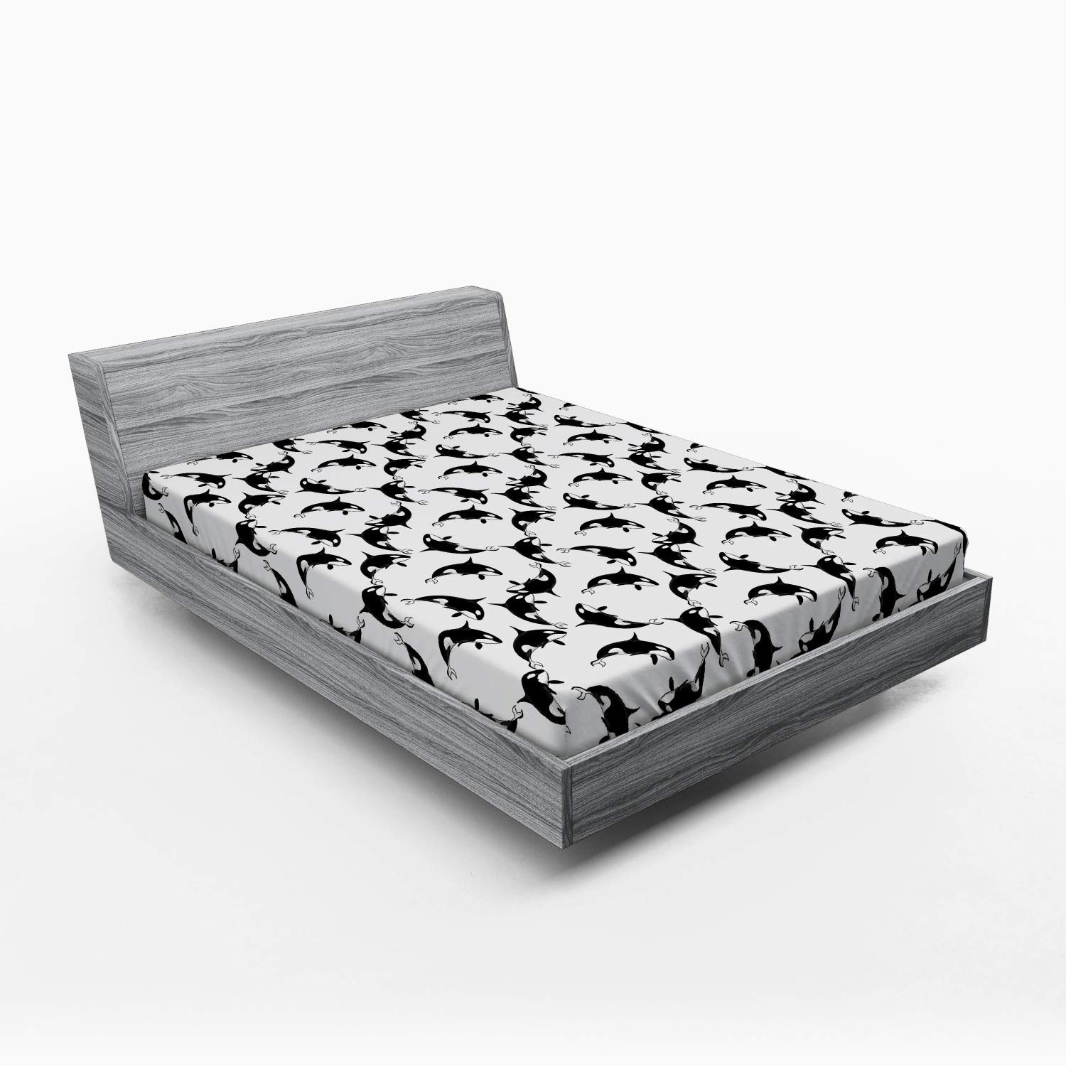 Lunarable Orca Fitted Sheet - Full Size Deep Pocket Doodle Killer Whale Print Bed Cover, Charcoal Grey | Waterproof & Wrinkle-Free | Perfect for Kids' Rooms, Beach Houses & Whale-Themed Decor