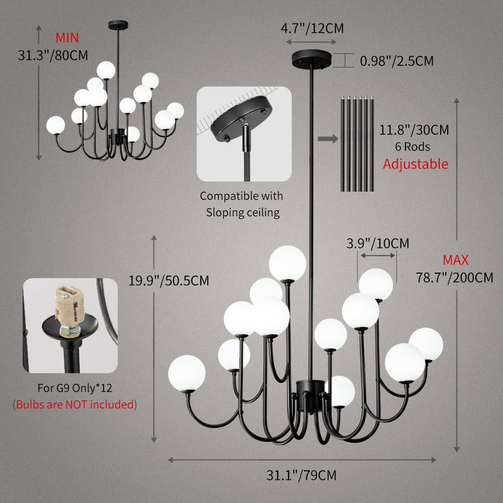 Modern Glass Globe 12-Light Sputnik Chandelier - Mid-Century Black Ceiling Light Fixture for Dining Room, Living Room, Bedroom, Kitchen, Stairwell & Office - Elegant Pendant Lighting for Home and Commercial Spaces
