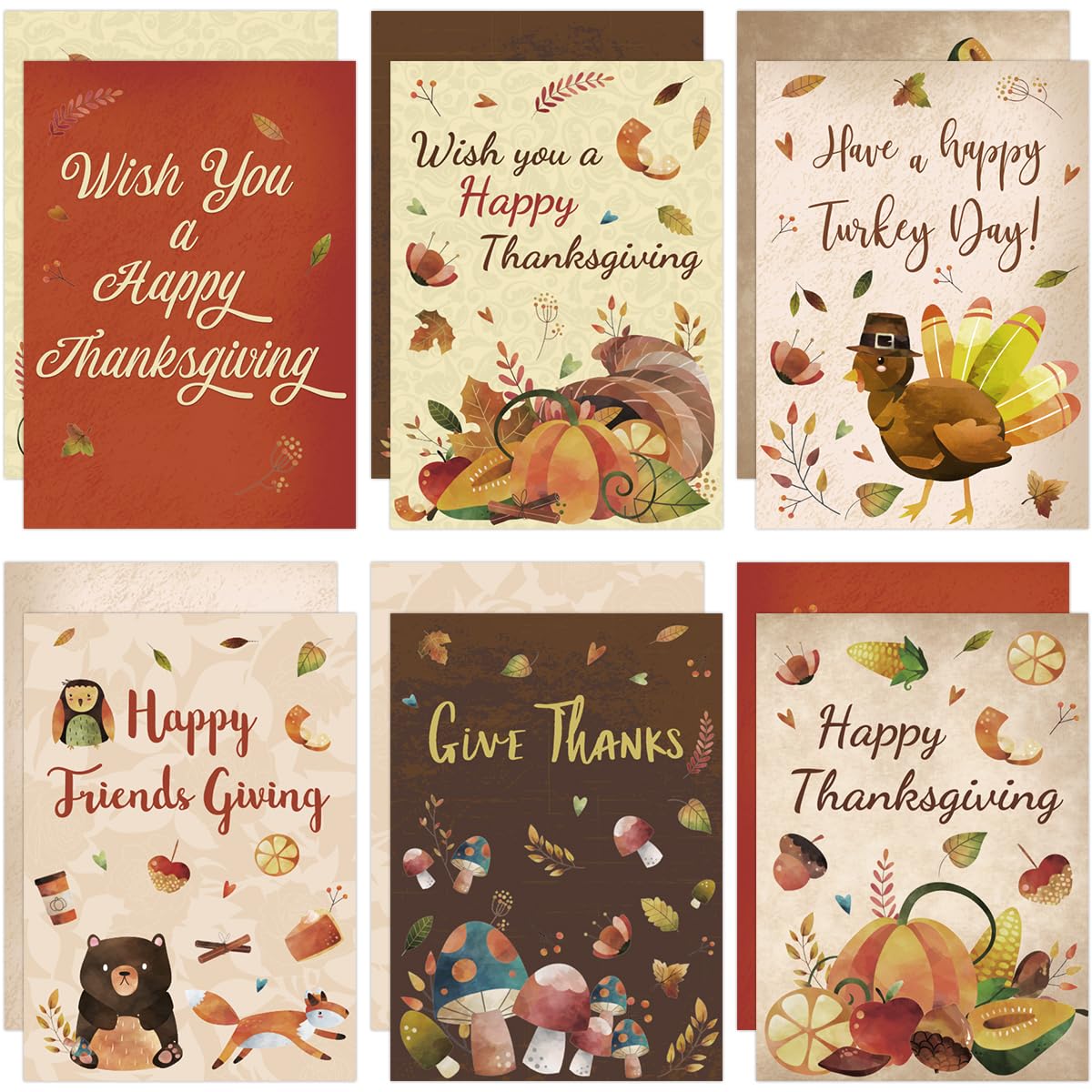 12 Thanksgiving Greeting Cards with Envelopes - 5x7 Inch Blank Inside Cards for Kids, Adults, Friends & Family - Perfect for Thanksgiving Wishes, Classroom Activities & Holiday Gifting