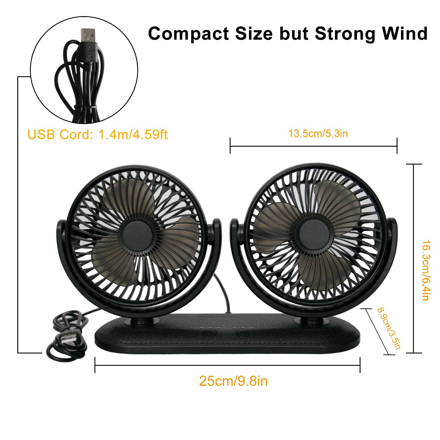 TriPole Dual Head USB Car Fan - 300° Adjustable, 3-Speed Strong Wind Cooling Fan for Dashboard, SUV, RV, Truck | Portable Electric Vehicle Fan for Home, Office & Travel Use