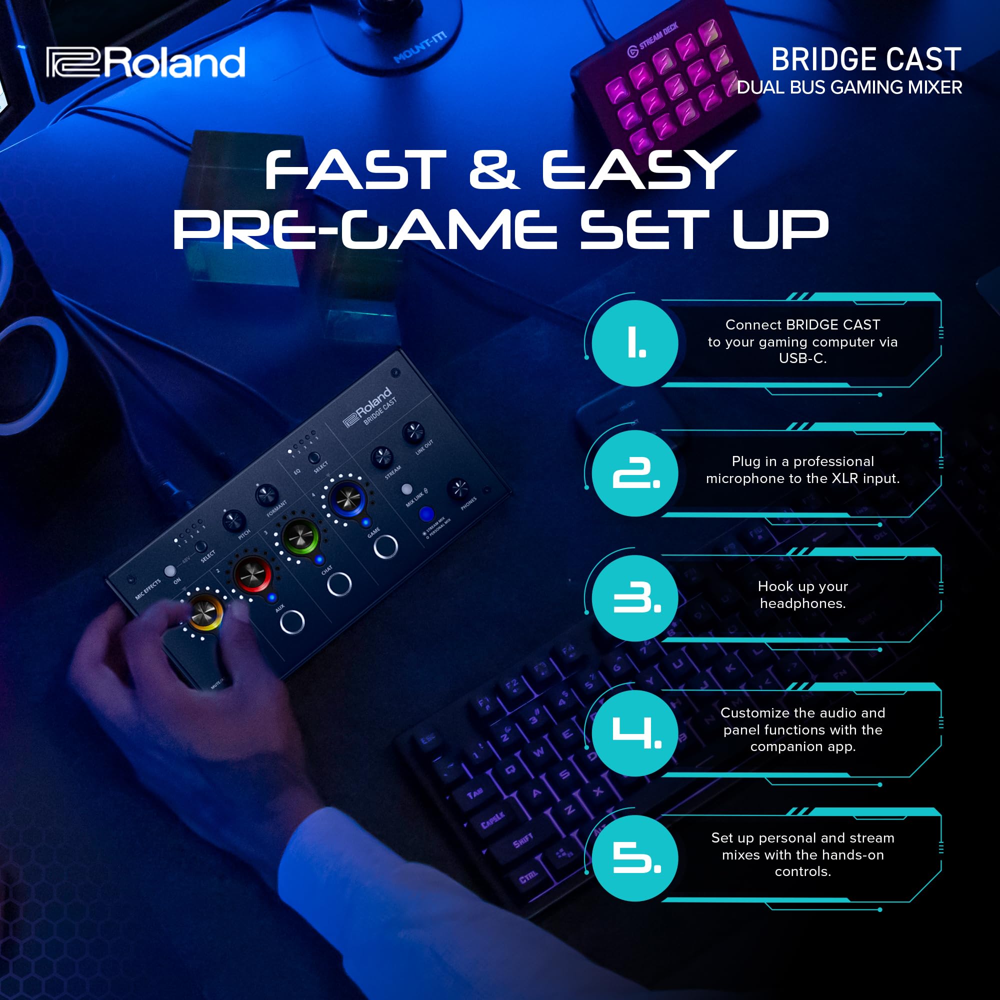 Roland BRIDGE CAST Dual Bus Gaming Mixer in Ice White - Professional Audio Streaming Interface & Mixer for Online Gamers & Content Creators | 32-Bit Hardware DSP | USB-C Windows/Mac Compatible | XLR Mic Input | Perfect for Twitch Streaming, Podcasting & Esports Tournaments