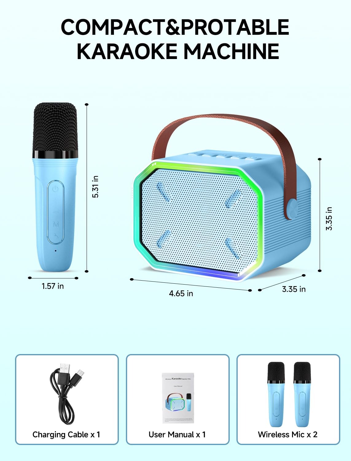 Portable Bluetooth Karaoke Machine with 2 Wireless Microphones for Kids & Adults - Mini Speaker for Home Parties, Birthday Gifts for Girls & Boys (Blue) | Perfect for Family Gatherings, Birthday Celebrations & Indoor Entertainment