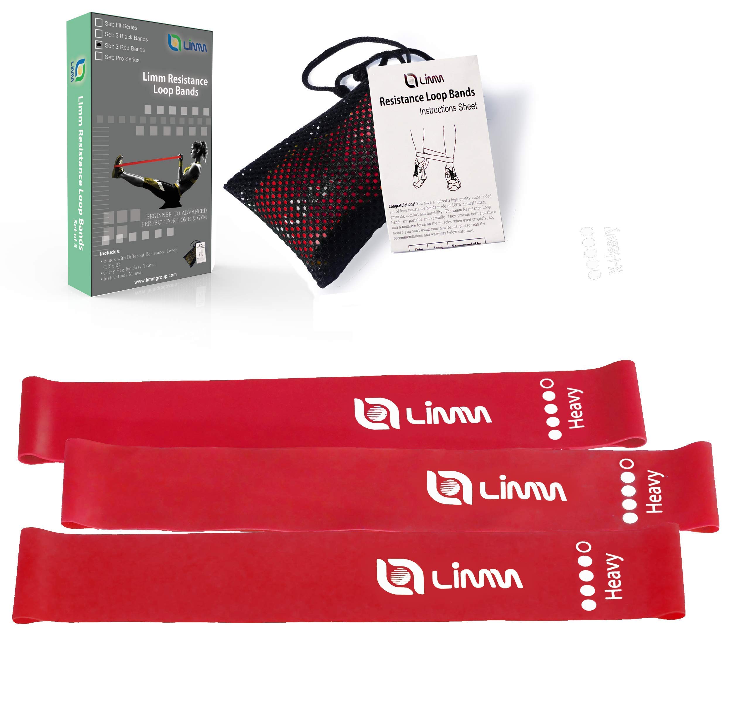 Limm Resistance Bands Set - 3 Heavy Duty Exercise Bands with Red Plastic Jump Rope for Home Workouts, Strength Training, and Fitness | Perfect for Gym, Yoga, and CrossFit Training