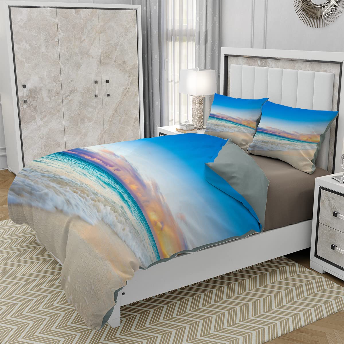 Beach Sand Duvet Cover Set Twin Size - Coastal Blue Water Sunset Clouds 3-Piece Microfiber Bedding Set for Kids, Boys & Teens | Soft Comforter Cover with 2 Pillowcases | Perfect for Beach-Themed Bedrooms, Vacation Homes & Summer Decor