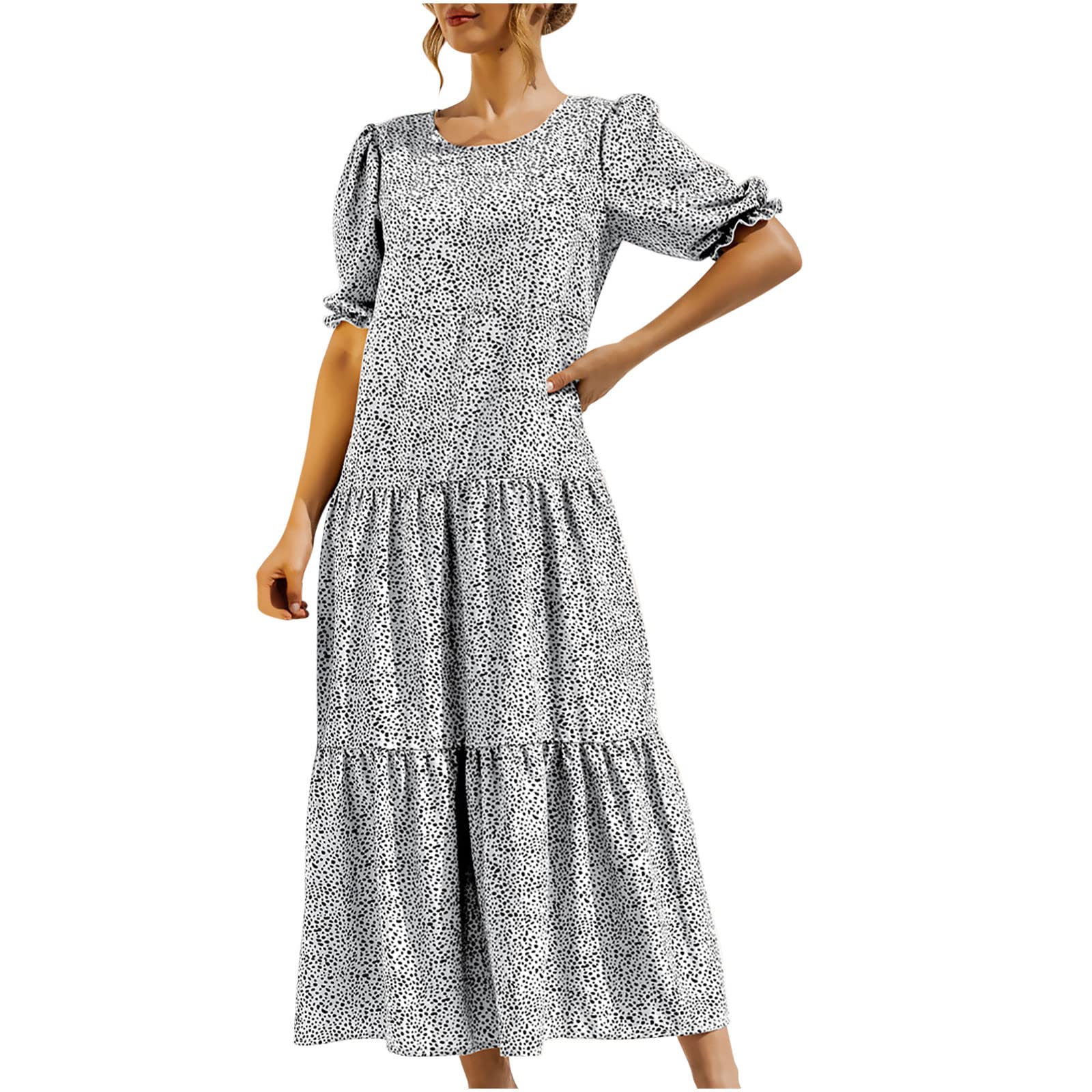 Boho Floral Maxi Dress for Women - Summer Casual O-Neck Puff Short Sleeve Tiered Swing Dress - Perfect for Beach Vacations, Sundresses, and Outdoor Parties