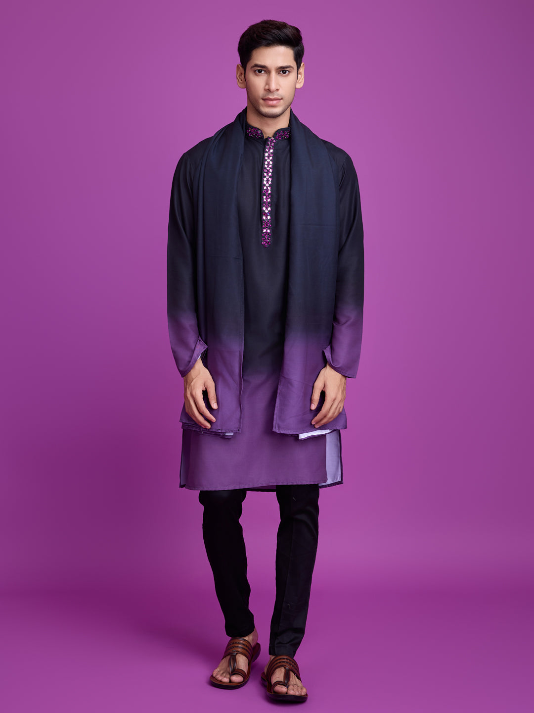 Black & Dusty Purple Men's Kurta with Dupatta - Hand Mirror Embroidery Solid Cotton Kurta for Men | Wedding, Festival & Ethnic Wear