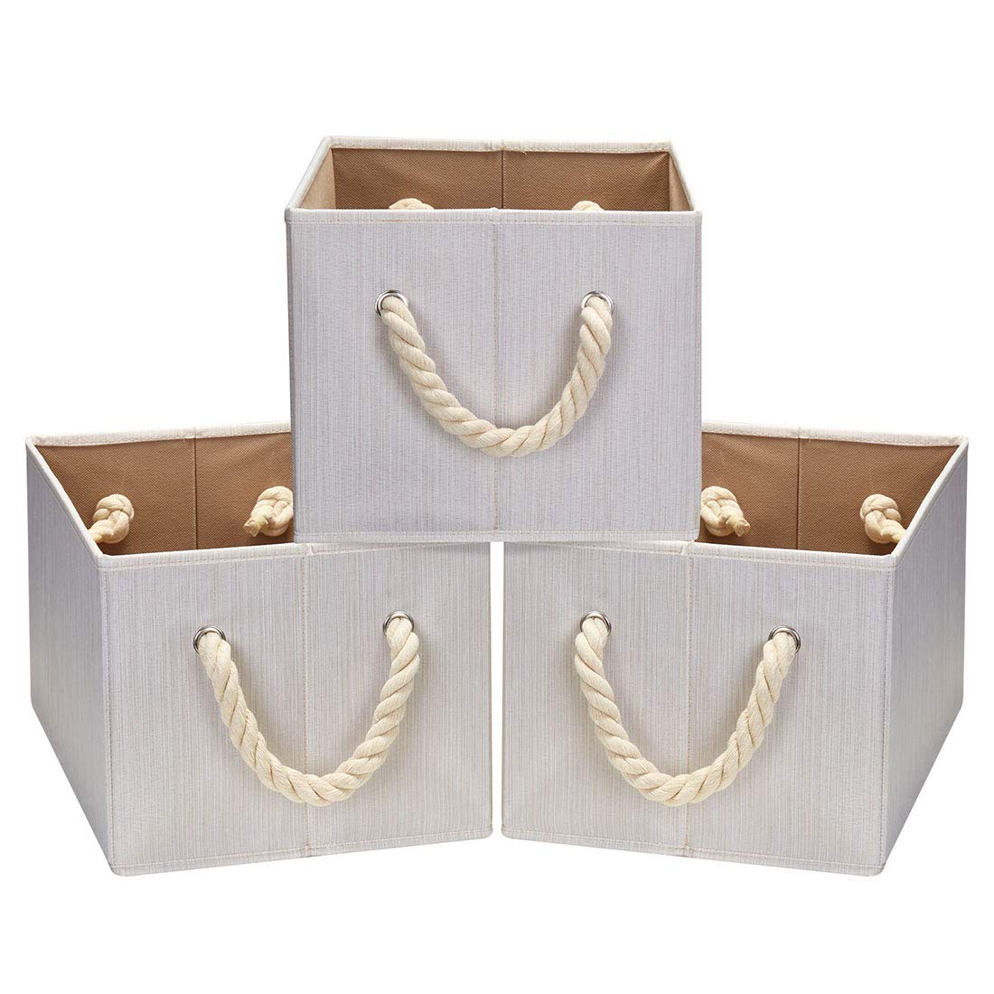 Robuy 3-Pack Collapsible Fabric Storage Bins - Cotton Rope Rectangular Closet Organizer Baskets (14.4x10x8.3 Inch, Beige) | Space-Saving Foldable Laundry Hamper & Toy Storage for Bedroom, Nursery & Closet Organization