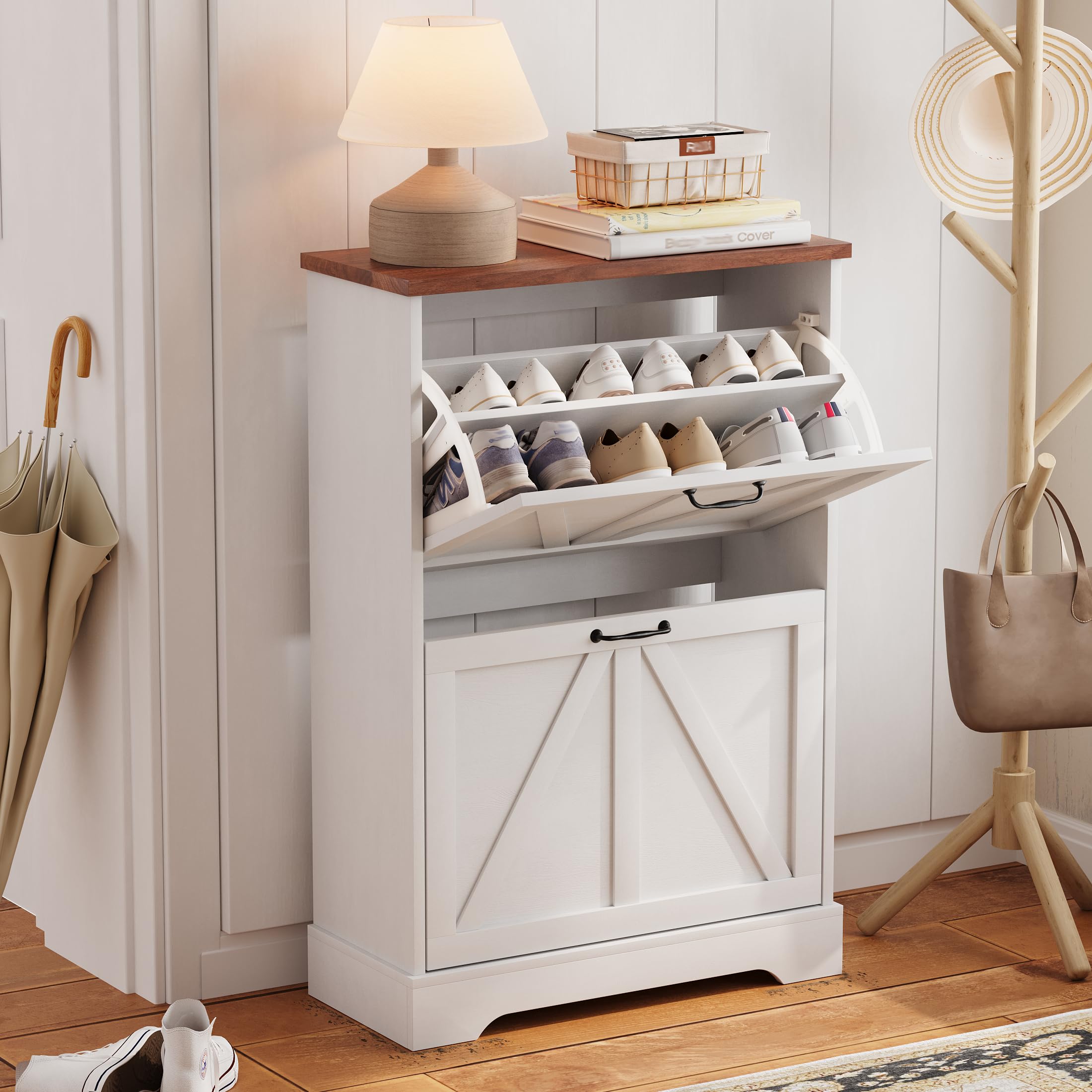 Farmhouse Shoe Cabinet with Barn Door - Rustic Entryway Storage for Small Spaces