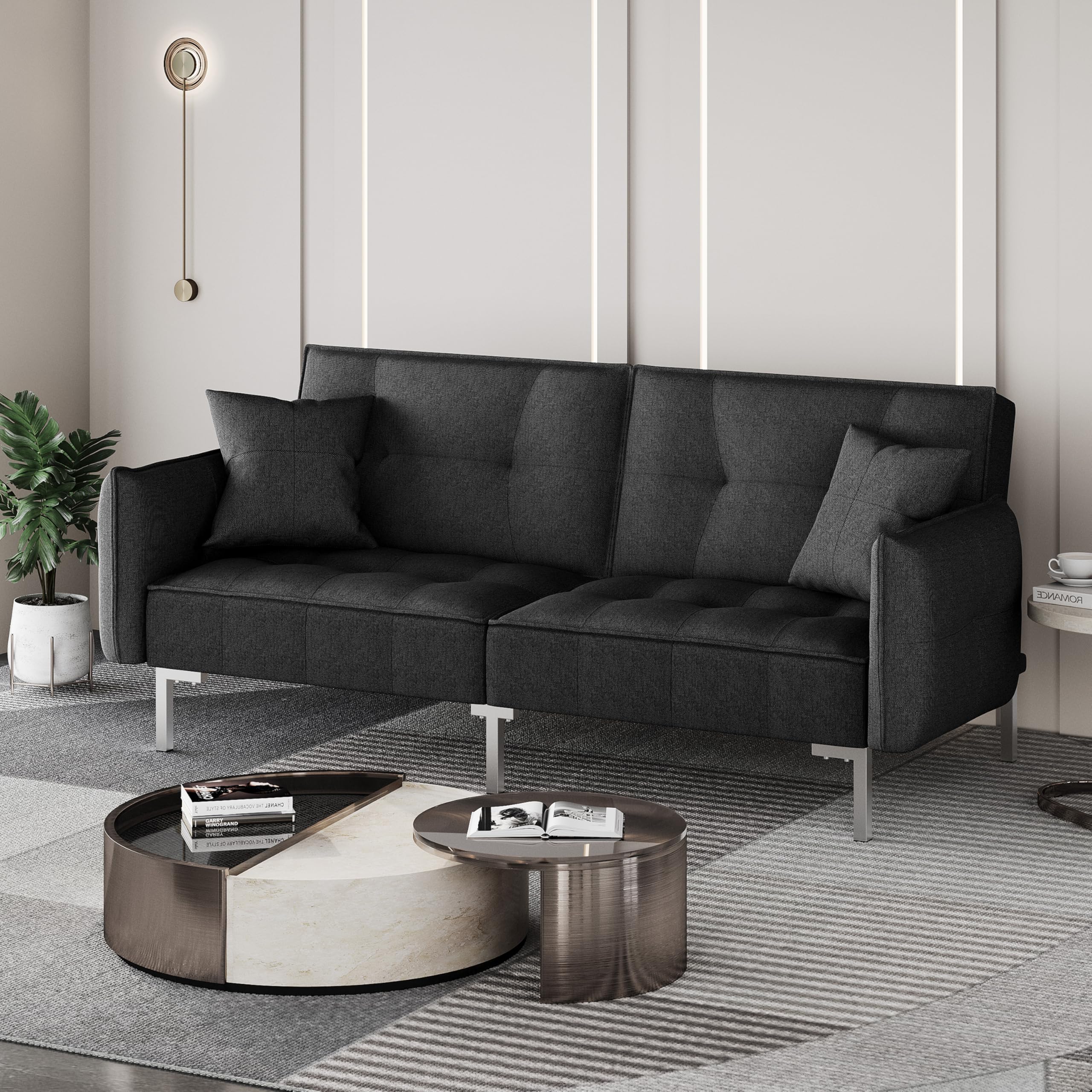 Yaheetech Convertible Futon Sofa Bed with Armrest - Linen Fabric Recliner Couch for Living Room, Guest Room & Small Spaces - Black Modern Sleeper Sofa for Apartments, Dorms & Home Office