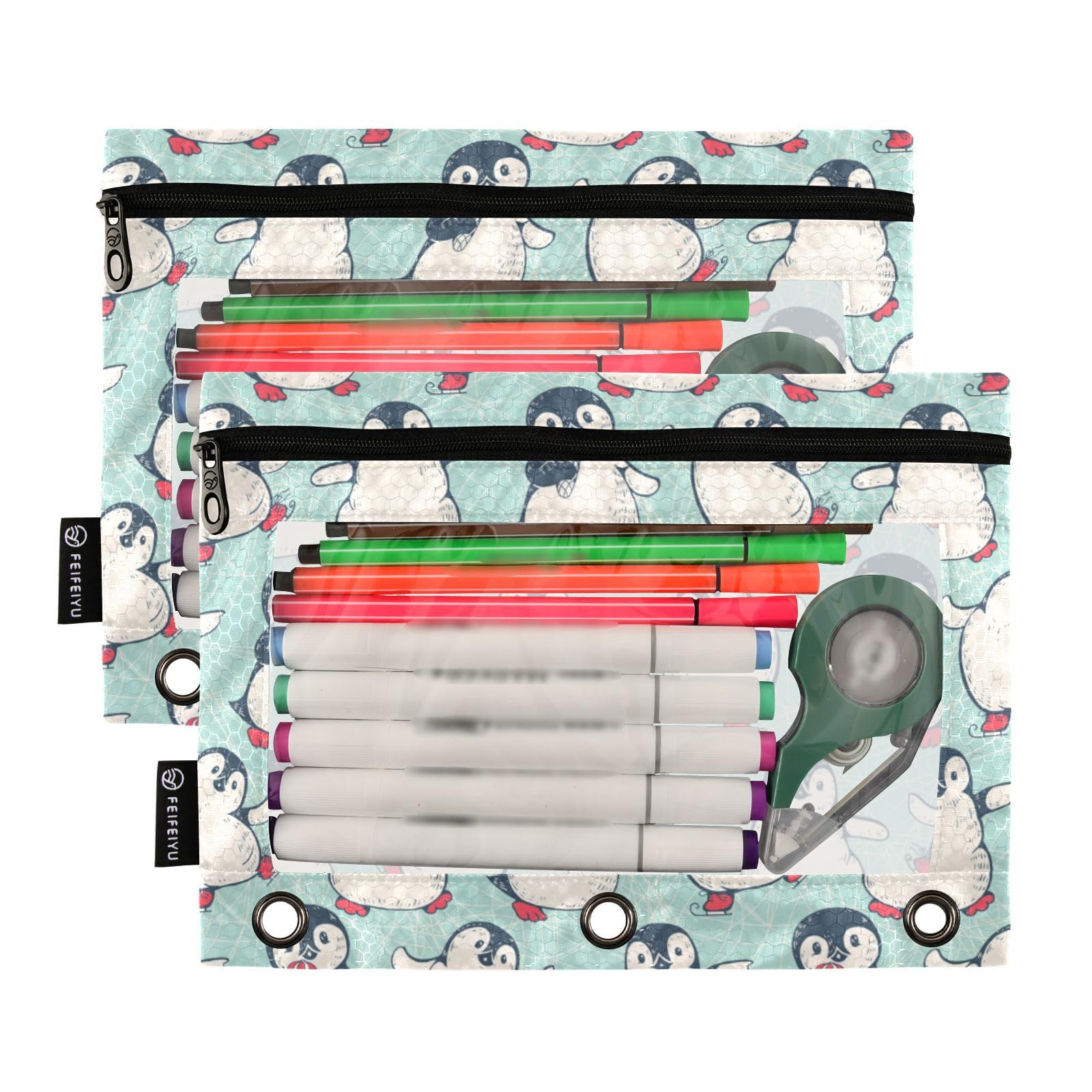 2 Pack Cute Penguins Pencil Pouch with Clear Window & Zipper for 3 Ring Binder - School, Office & College Supplies for Daily Organization