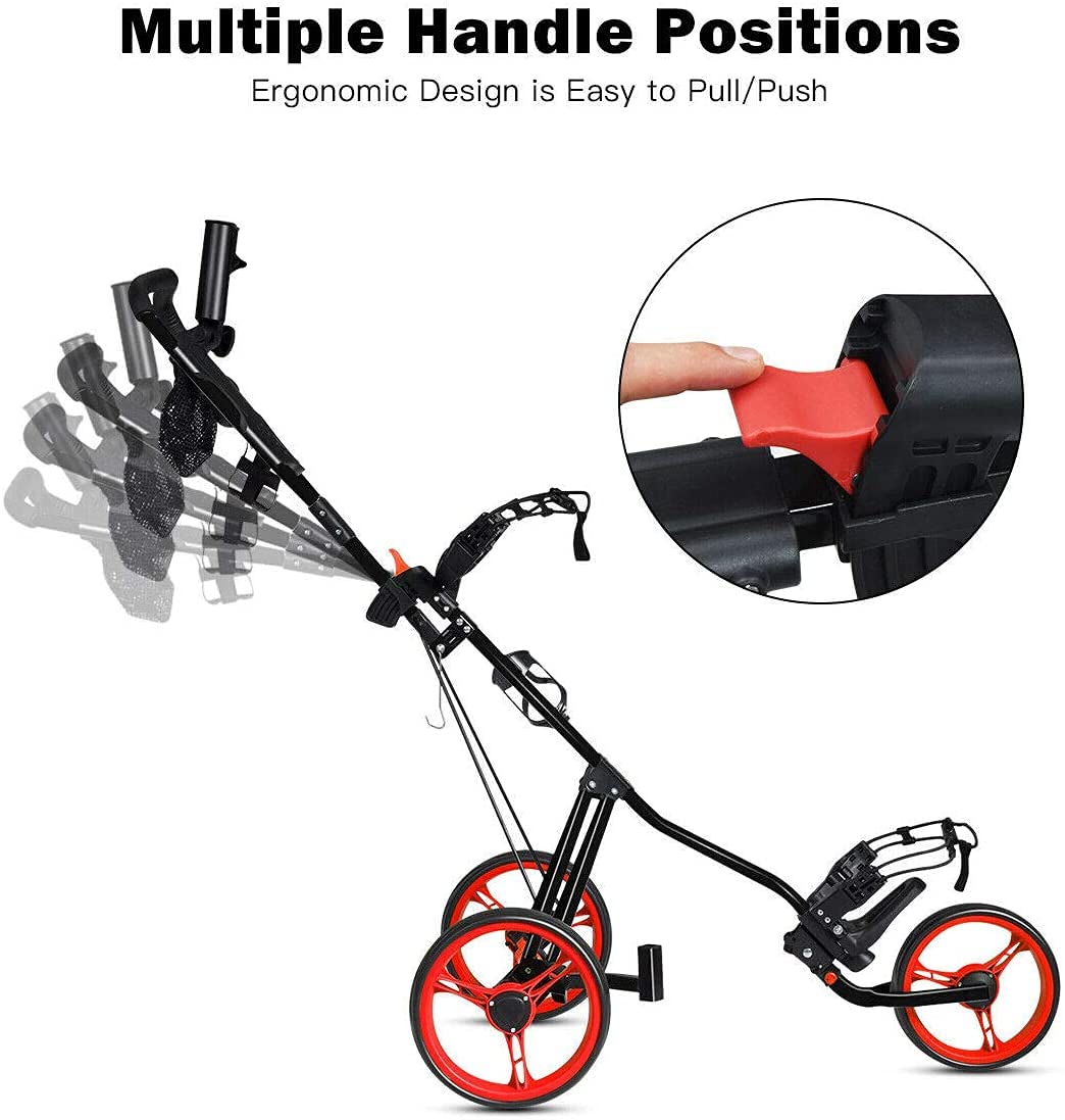 GRAFFY 3 Wheel Golf Push Cart with Seat - Adjustable Height Handle, Lightweight Folding Golf Trolley with Scoreboard, Bag Foot Brake, Cup & Umbrella Holder - Perfect for Golf Courses, Driving Ranges & Outdoor Practice Sessions