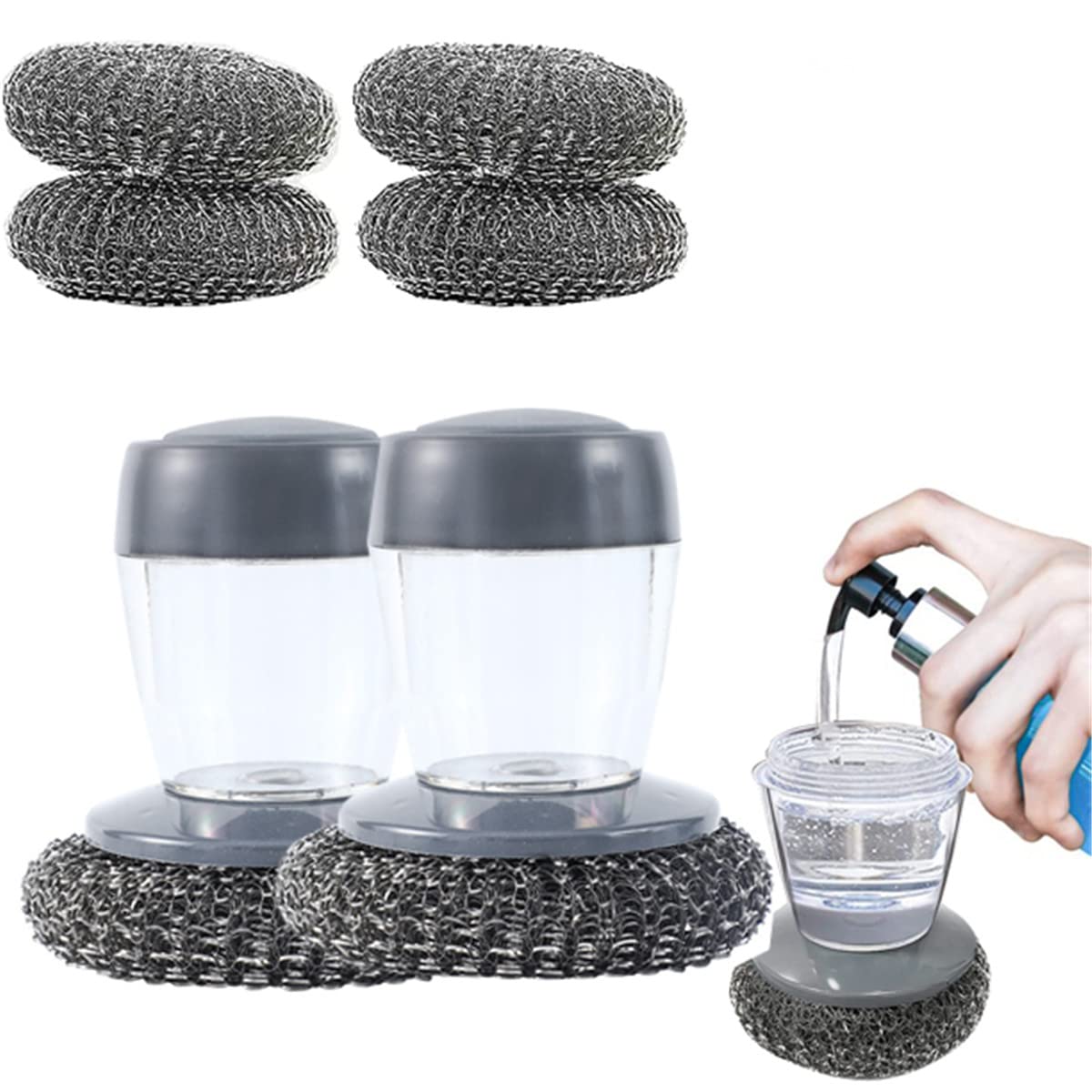 **Automatic Soap Dispensing Dish Brush with Steel Ball - 2 Pack, Multi-Functional Kitchen Cleaning Brush for Pots, Pans & Dishes - Protect Hands While Washing, Perfect for Home & Restaurant Use**