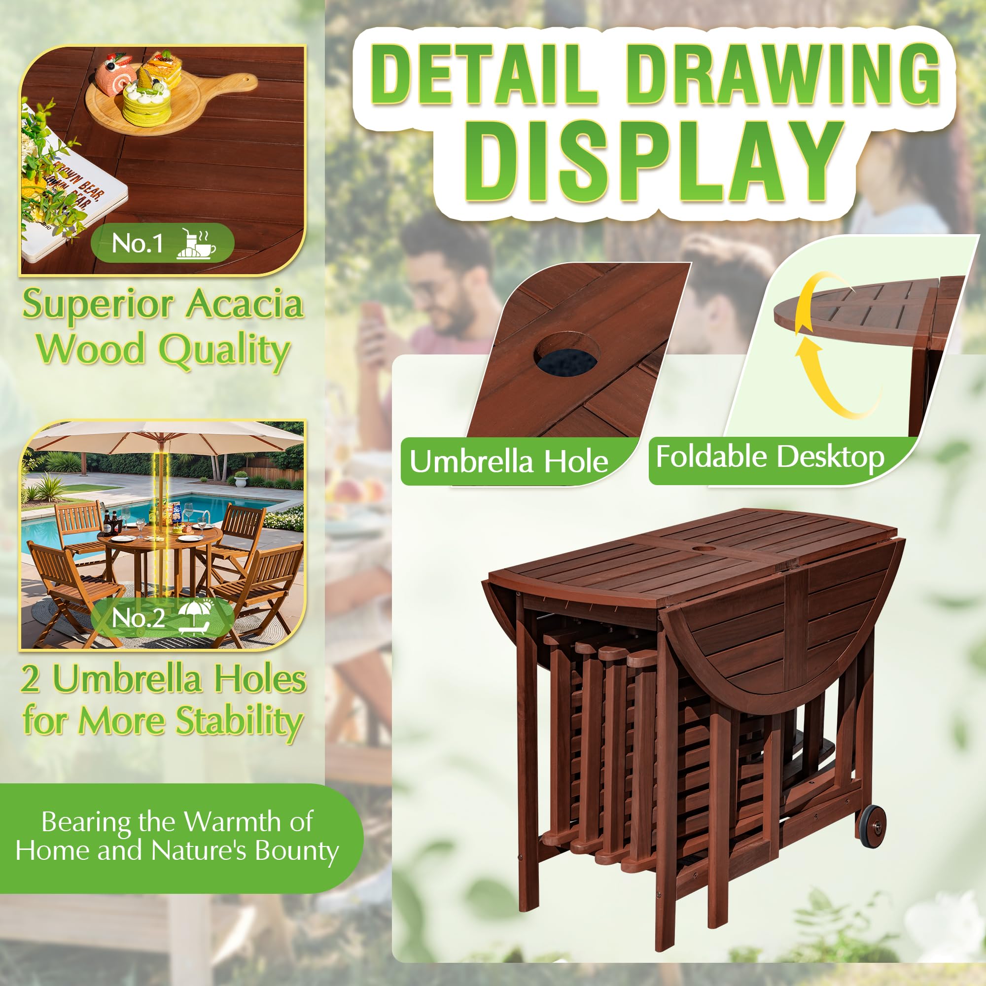 Greesum 5-Piece Outdoor Dining Set - Acacia Wood Patio Furniture with Folding Round Table & Chairs - All-Weather Backyard, Balcony, Porch, Deck & Garden Furniture Set (Dark Brown) - Perfect for Outdoor Entertaining, Family Gatherings & Relaxing in Your Garden