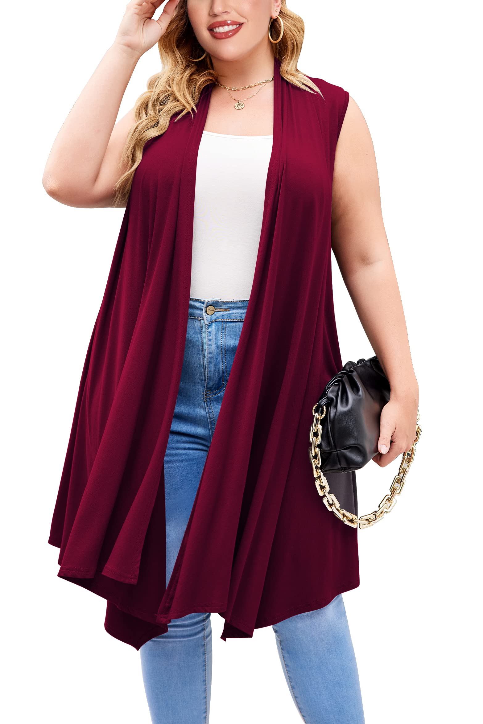 IN'VOLAND Women's Plus Size Sleeveless Cardigan Vest - Long Open Front Duster with Asymmetric Hem for Casual Wear, Office Outfits & Layering Fashion