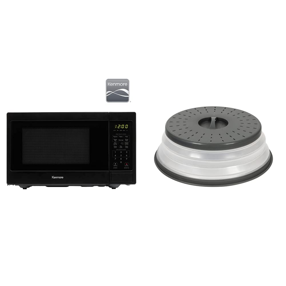 Kenmore 70929 0.9 cu.ft Compact Microwave Oven - 900 Watts, 10 Power Settings, Black | Tovolo 81-31531 Collapsible Microwave Splatter Cover - 10.5 Inch, Charcoal | Perfect for Small Kitchens & Dorm Rooms