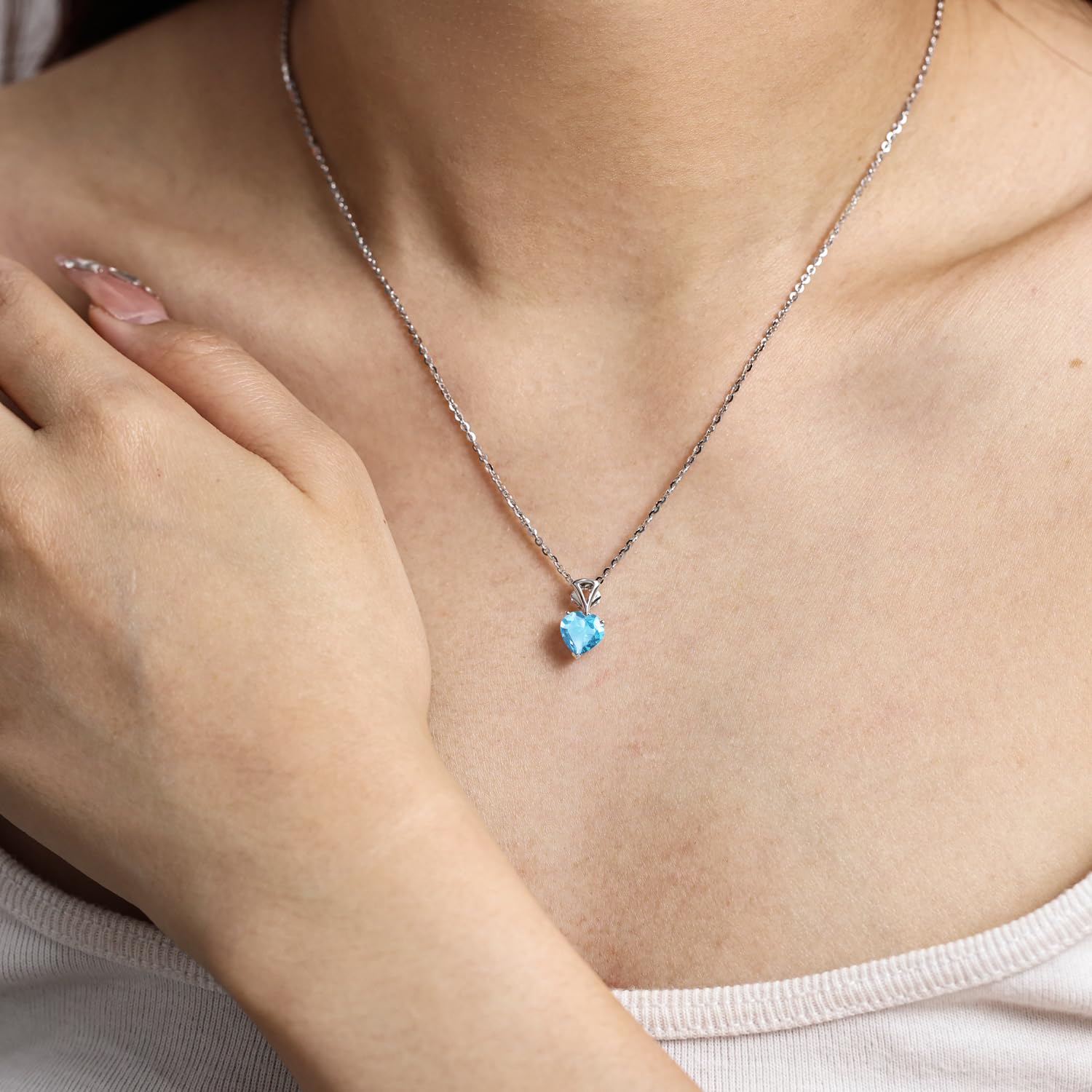14K White Gold & Sterling Silver Heart Birthstone Pendant Necklace for Women - 8mm Gemstone Jewelry Gift for Mom, Wife, Girlfriend | Anniversary, Birthday, Valentine's Day Present | Perfect for Everyday Wear, Special Occasions & Gift-Giving