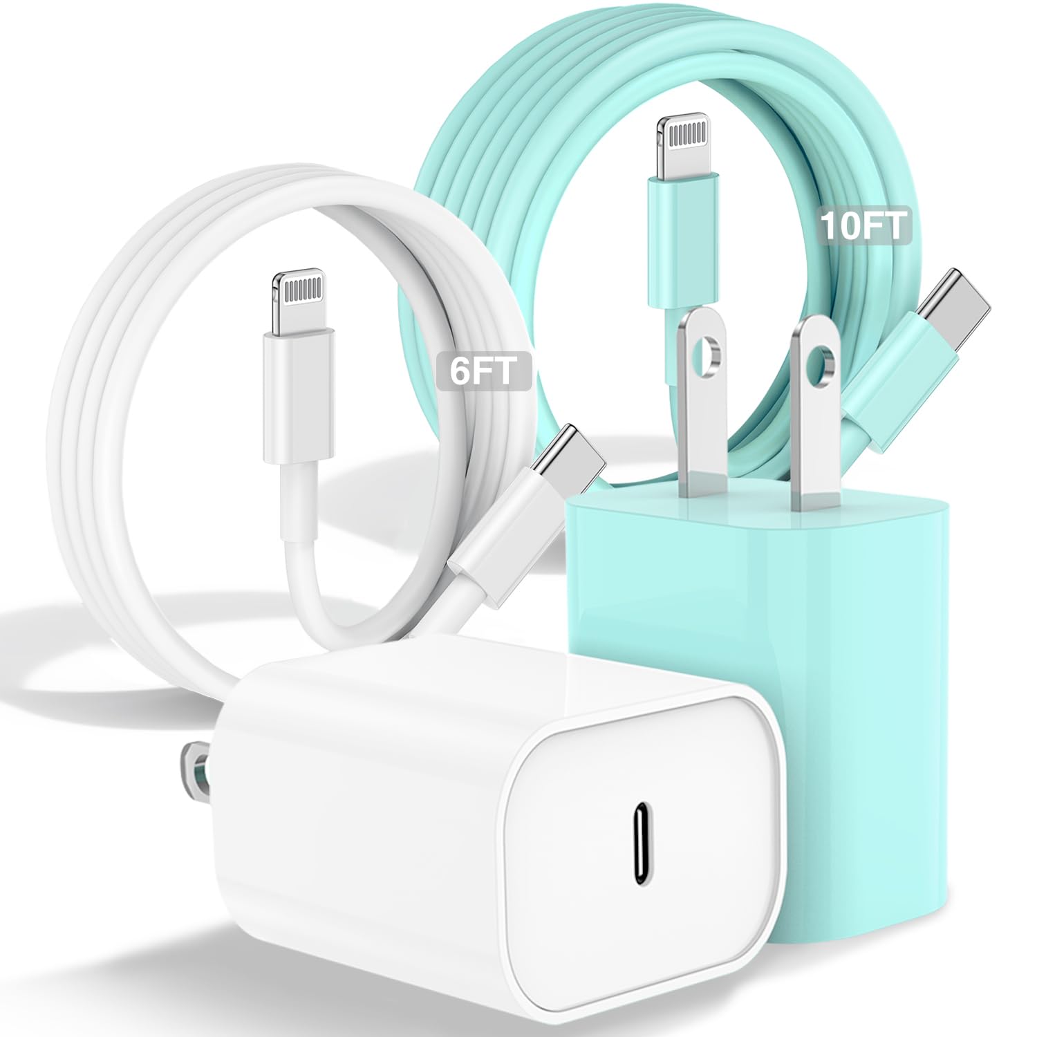 Fast Charging USB C to Lightning Cable (6FT+10FT) - 20W USB C Charger Block & Long iPhone Charger for iPhone 14/13/12 Pro Max - Perfect for Home, Office & Travel (White+Green)