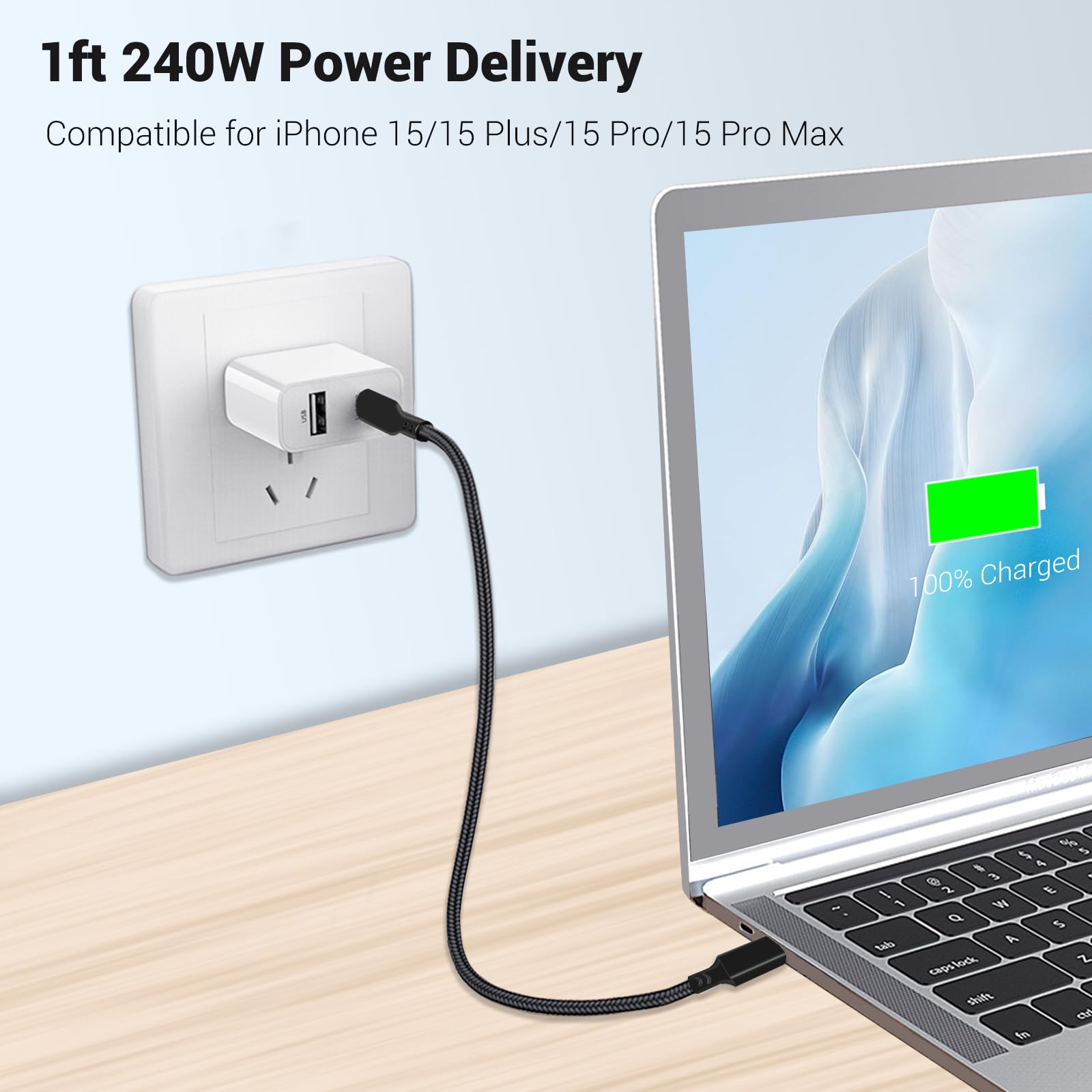 240W USB C to USB C Cable 1FT Short Fast Charging Cord - Compatible with iPhone 15 Pro/15 Plus/15 Pro Max, MacBook Pro/Air, iPad Pro/Air, Dell XPS - Perfect for Home, Office & Travel Charging