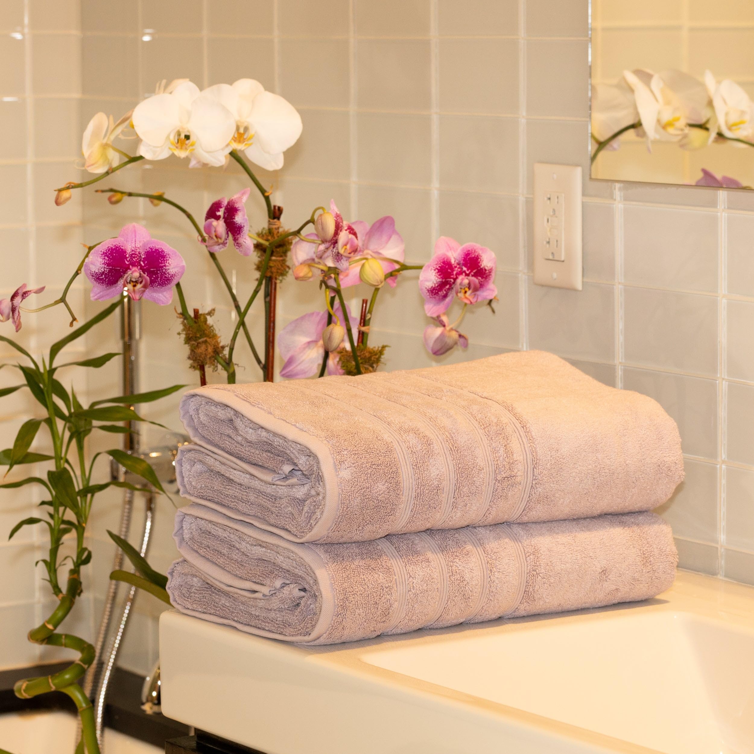 Premium Mosobam Turkish Towels Set of 4 - 35x70 Inch Bath Sheets, 700 GSM Ultra Soft Bamboo Viscose & Aegean Cotton Blend in Lavender Aura - Perfect for Spa, Beach, Yoga & Luxury Bathroom Decor