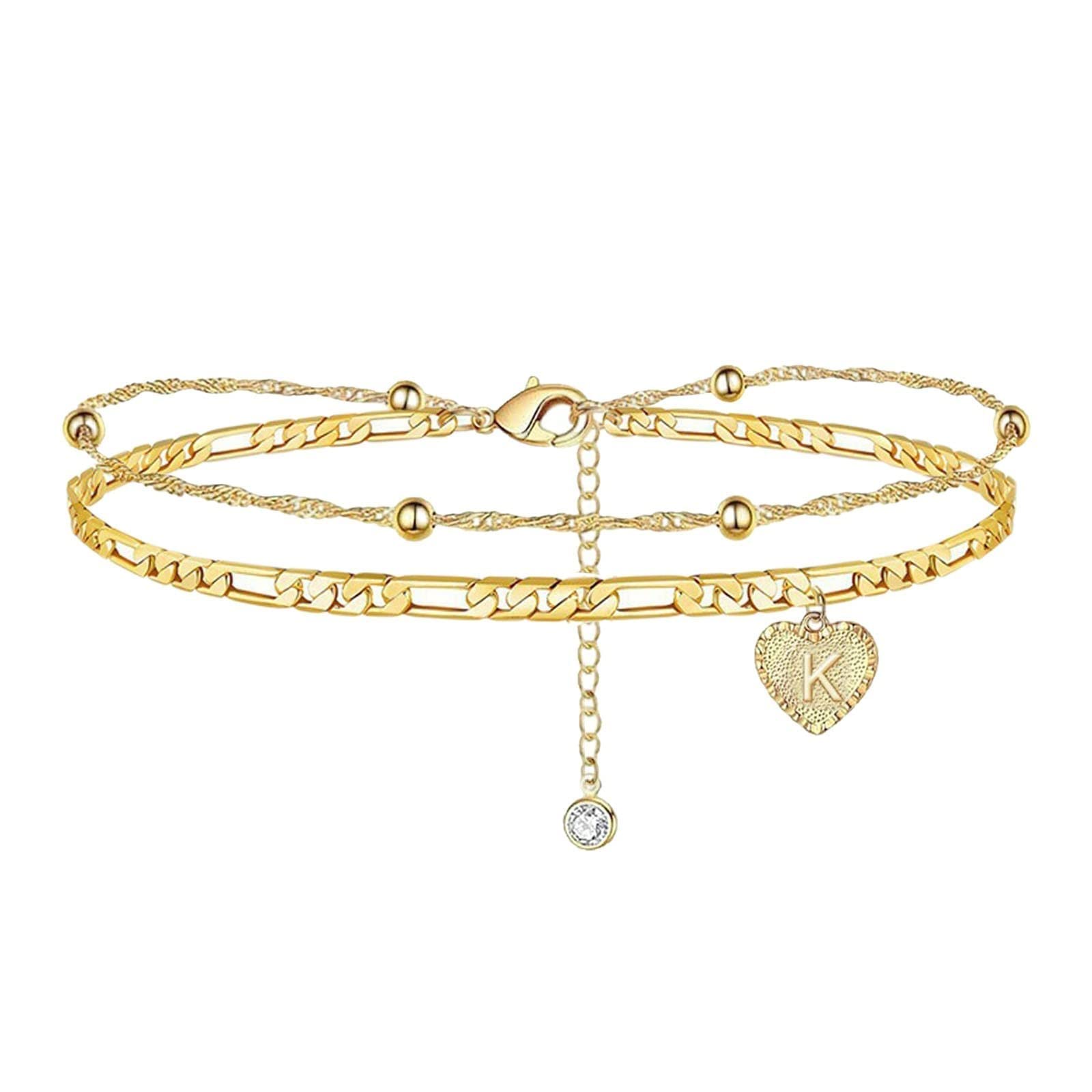 Aaihamo Personalized Initial Letter Anklets for Women - Double Layer Heart Charm Ankle Bracelet with 26 Alphabet Letters - Perfect for Beach, Summer, and Boho Jewelry Accessories