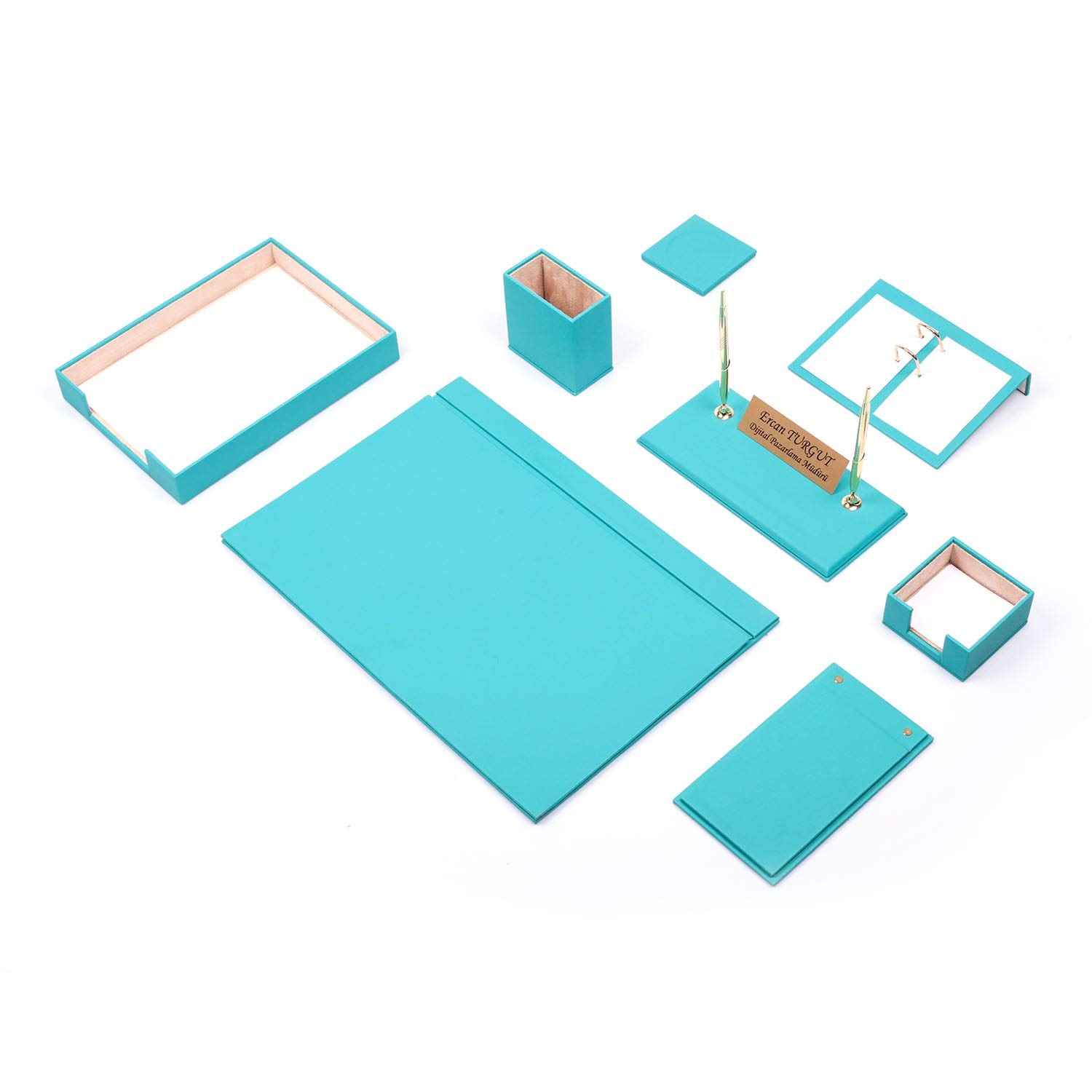 Premium Bonded Leather Desk Organizer Set - 10-Piece Office Document Tray & Desk Accessories for Home & Office (Turquoise) - Perfect for Organizing Files, Stationery & Office Supplies