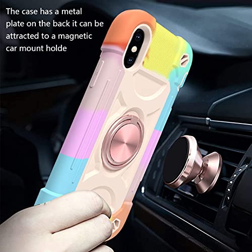 Premium iPhone Xs Max Case 6.5 Inch with Ring Stand & 2 Pack Tempered Glass Screen Protector - Military Grade Shockproof Rugged Cover with Magnetic Car Mount (Rainbow Pink) - Perfect for Outdoor Activities, Travel & Daily Protection
