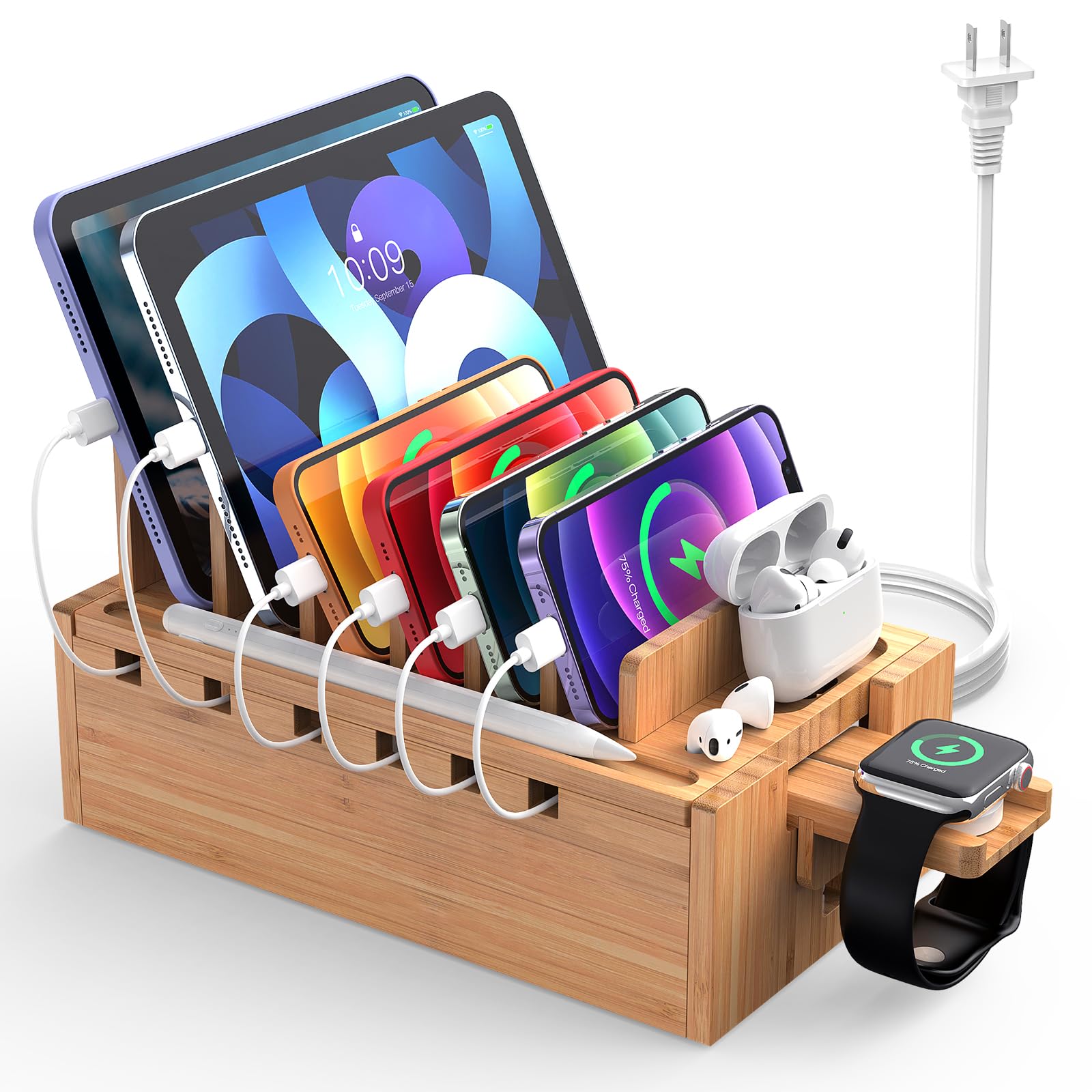 Bamboo Charging Station with 5 USB Ports & Cables - Phone, Tablet, Watch Organizer for Office & Home