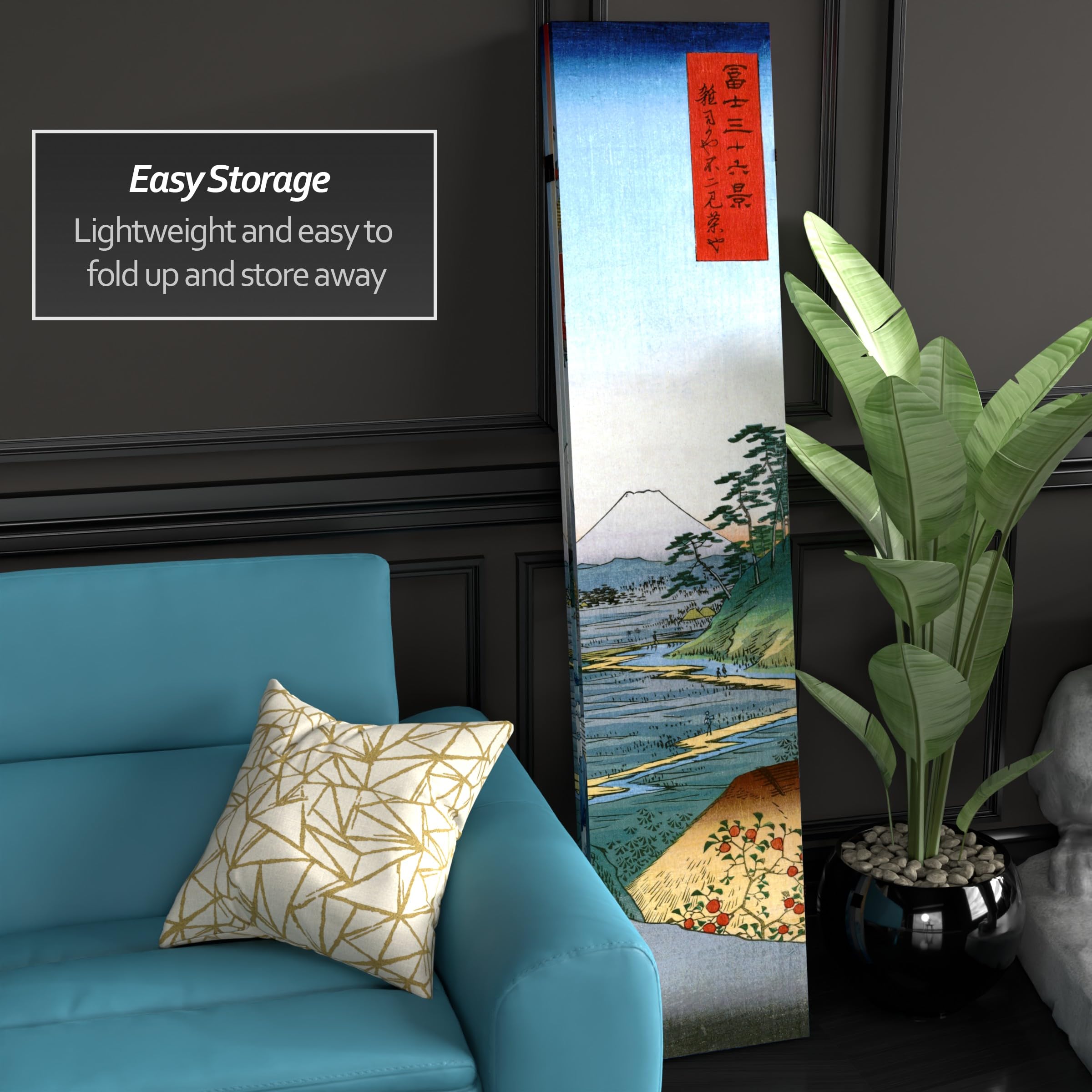 6 ft. Tall Double Sided Hiroshige Red Lantern Room Divider - Sea at Satta & Teahouse Design, 71 Inch Height 3 Panel Wide Folding Screen for Home Decor, Office Partition, and Asian-Themed Event Backdrop