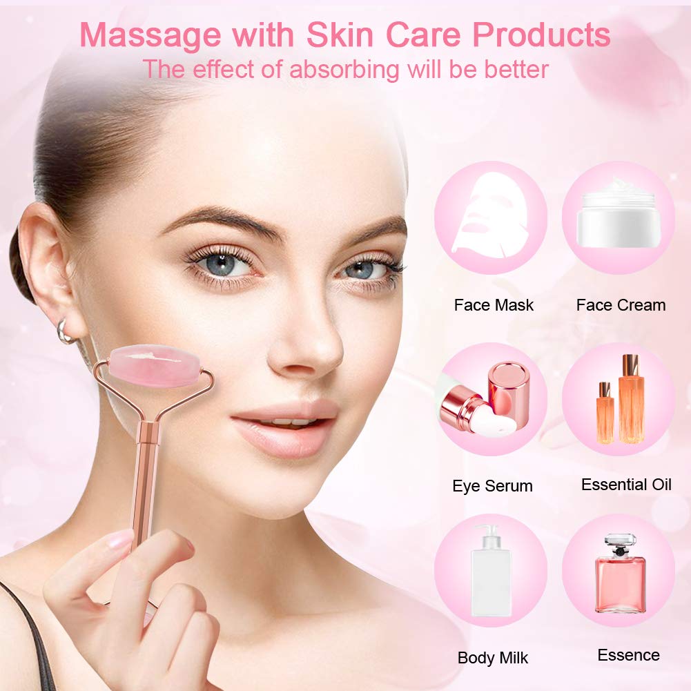 2 Pack Jade & Rose Quartz Facial Rollers for Wrinkles & Puffiness Relief - Natural Stone Face Massager for Skincare & Lymphatic Drainage - Perfect for Morning Routine & Spa Night Self-Care